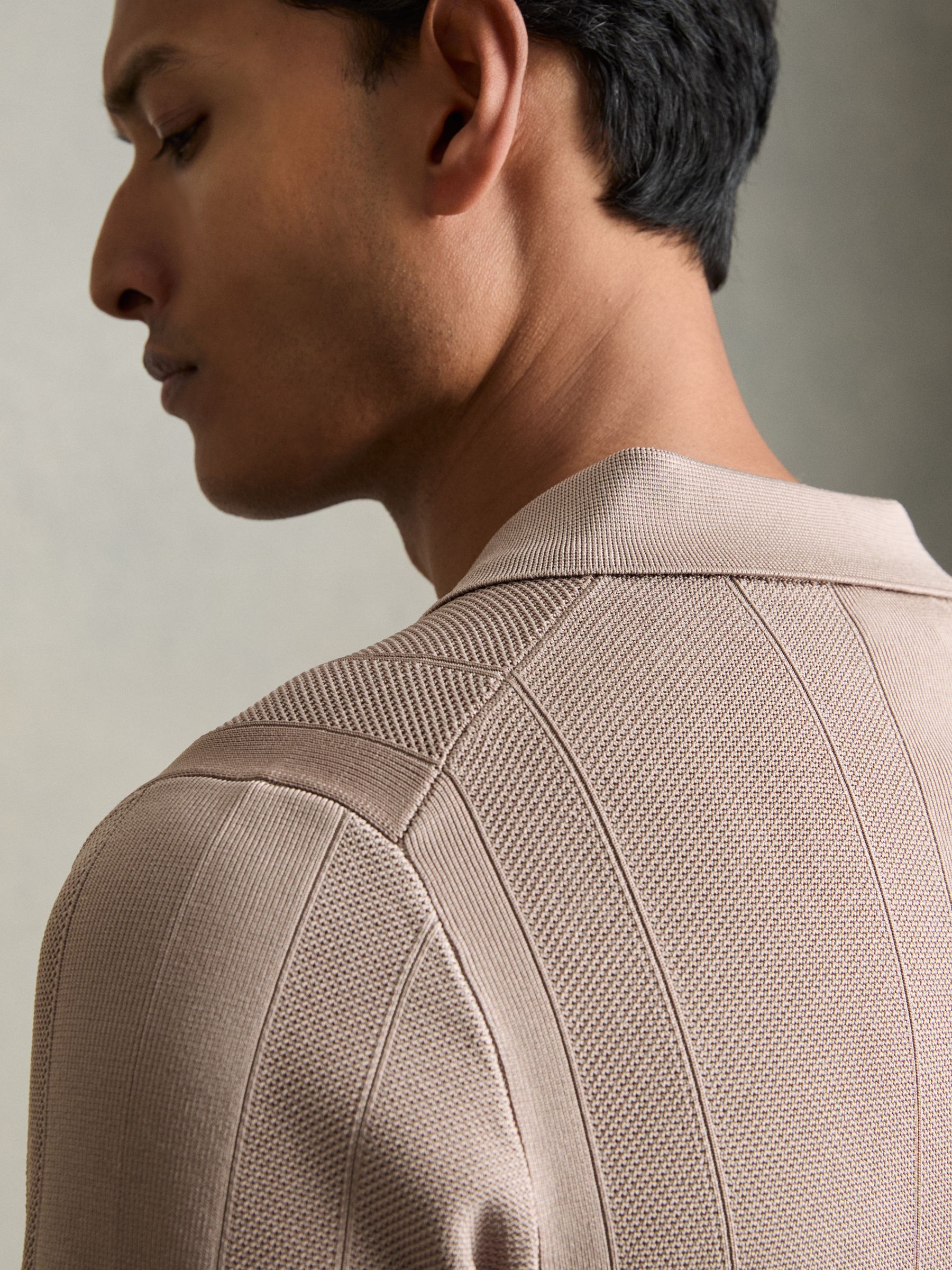 Half-Zip Textured-Knit Polo Shirt in Taupe Brown