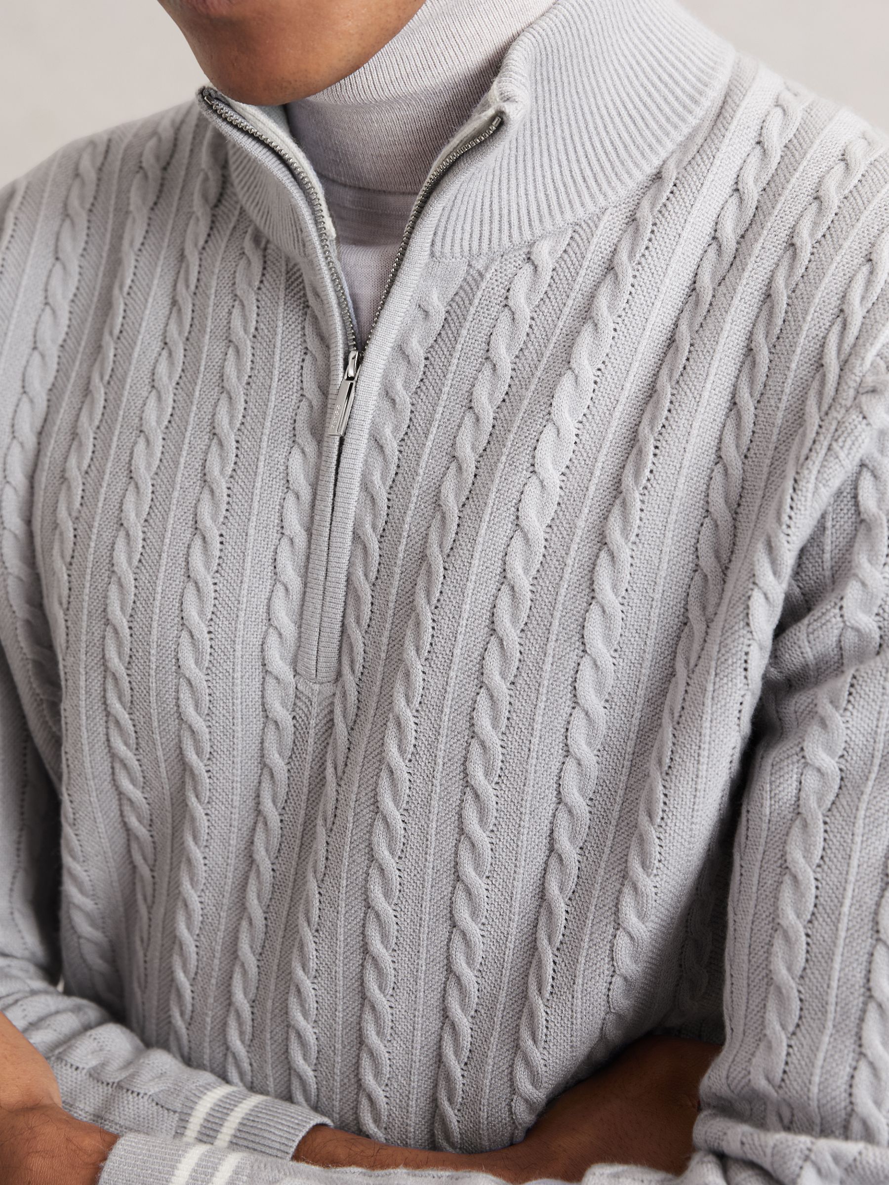 Half-Zip Cable Knit Jumper With Wool in Soft Blue