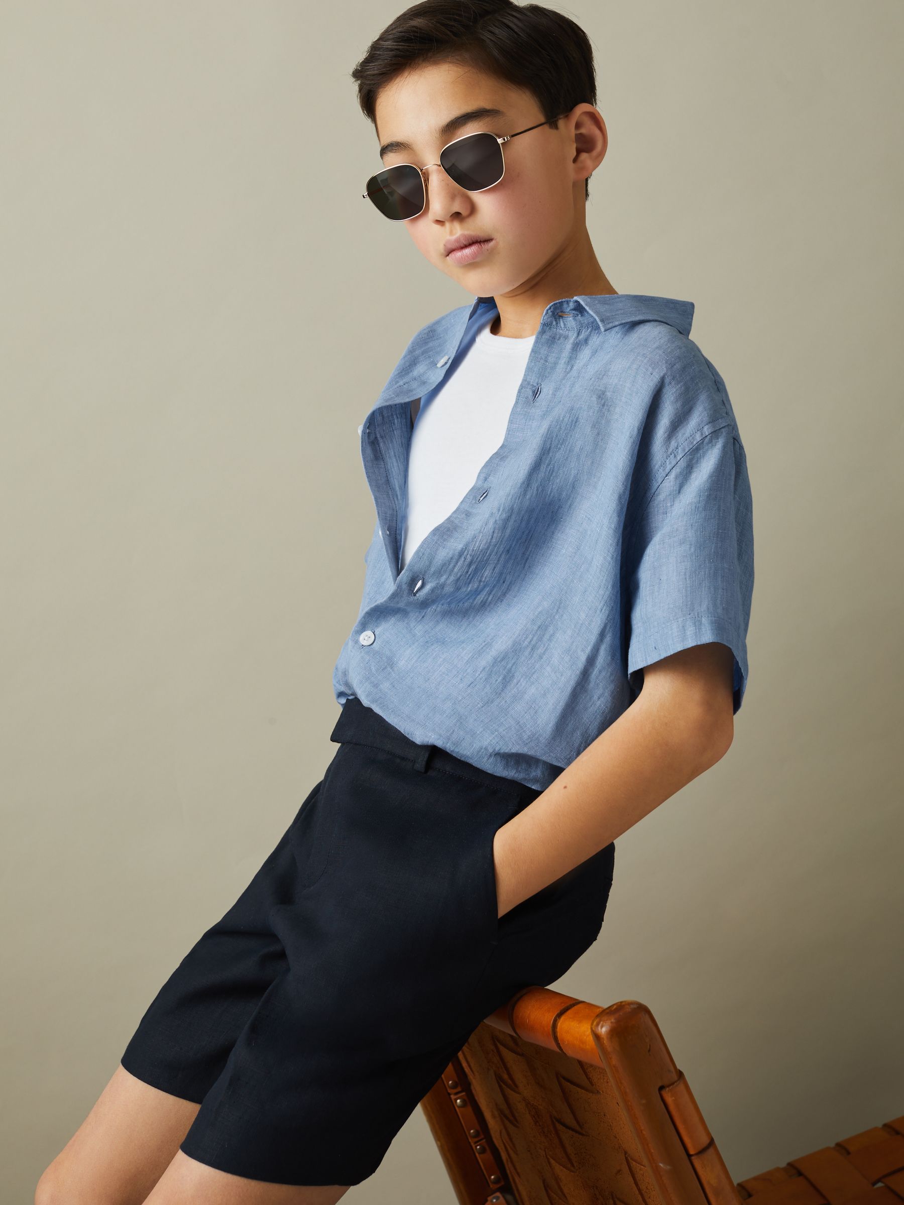 9-13 yrs Linen Short-Sleeve Shirt in Sky Blue