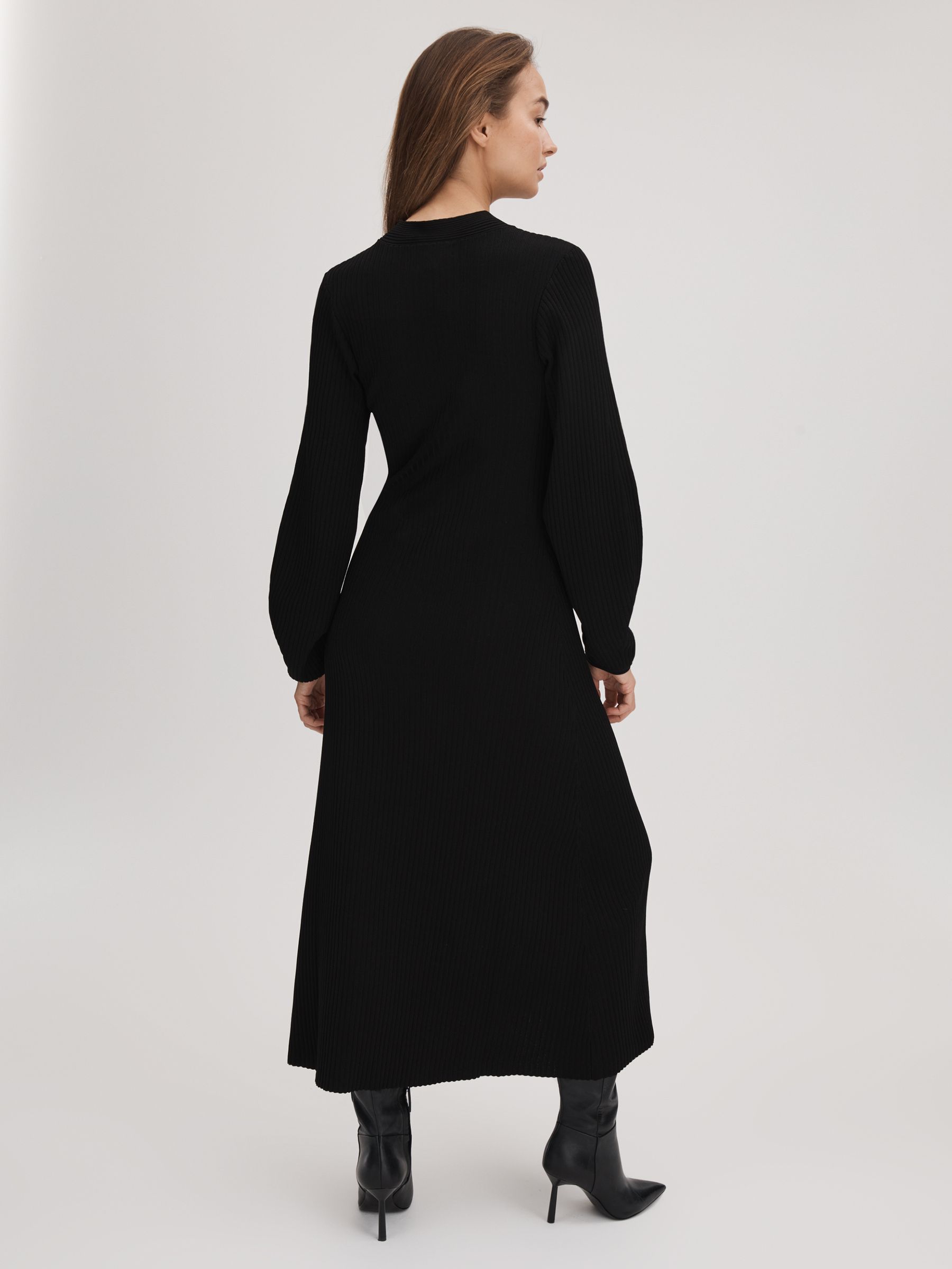 Florere Ribbed Blouson Sleeve Midi Dress in Black