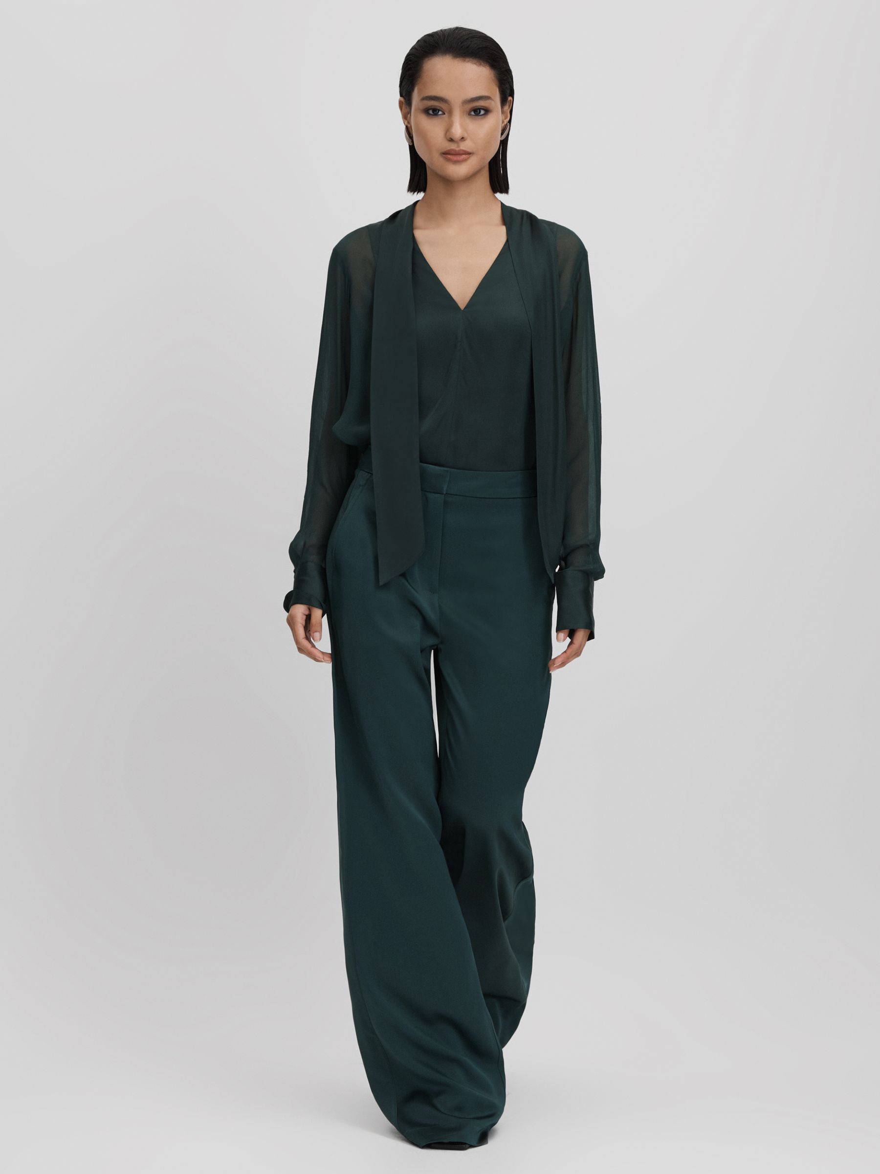 Semi Sheer Satin Tie Neck Blouse in Green