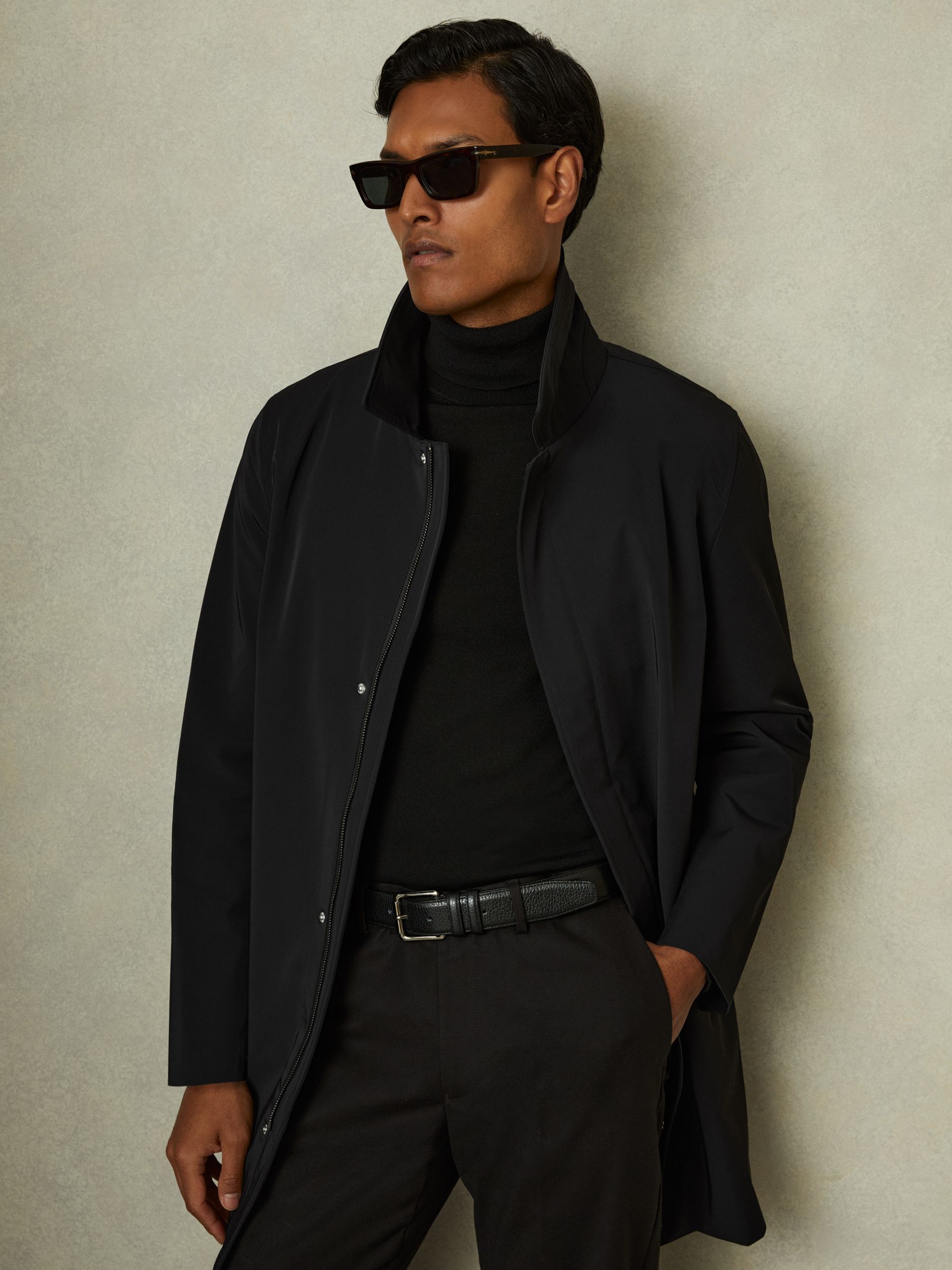 Hybrid Removable Funnel Neck Overcoat in Black