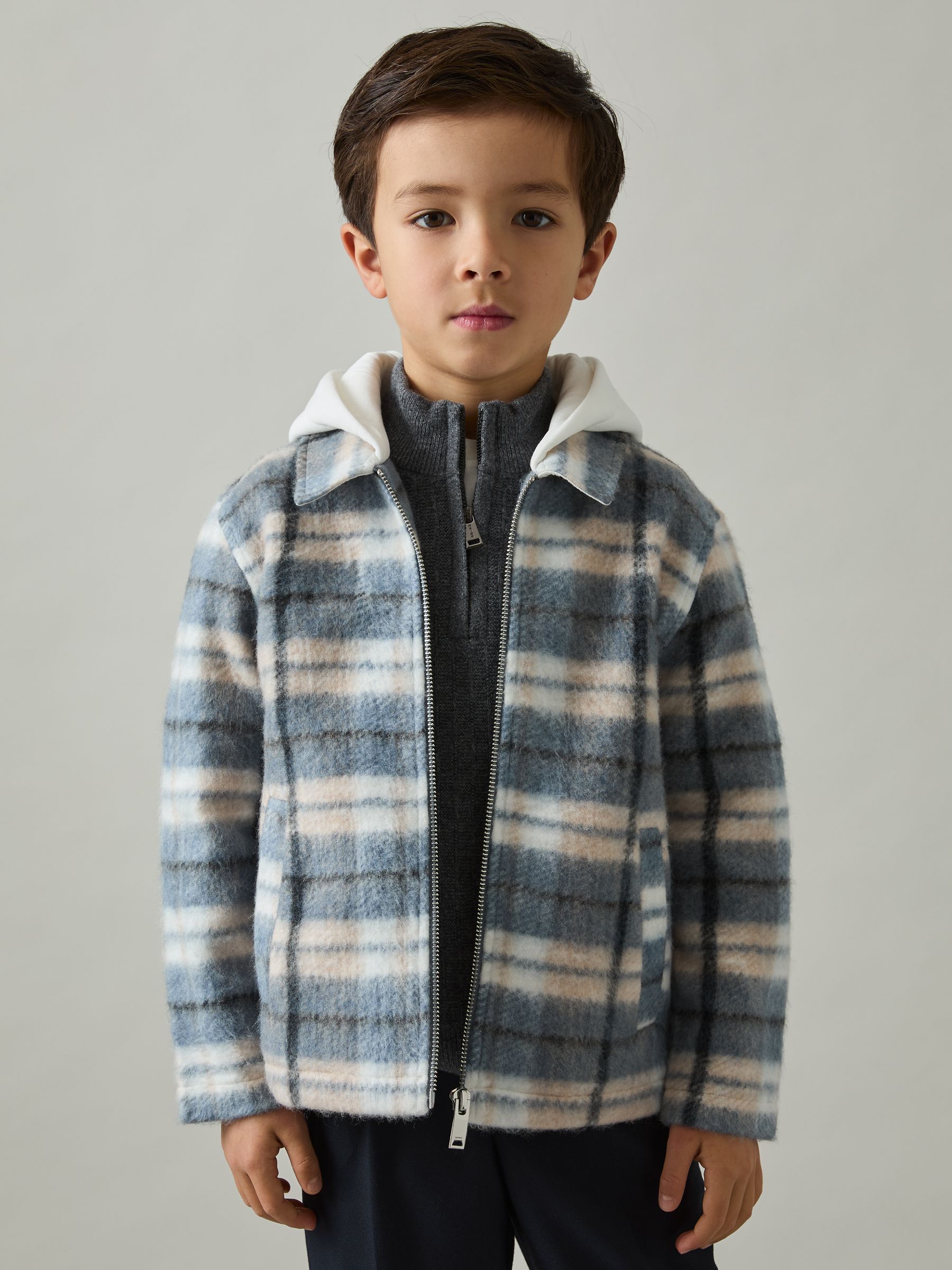 9-13 yrs Long Sleeved Hooded Check Overshirt in Blue