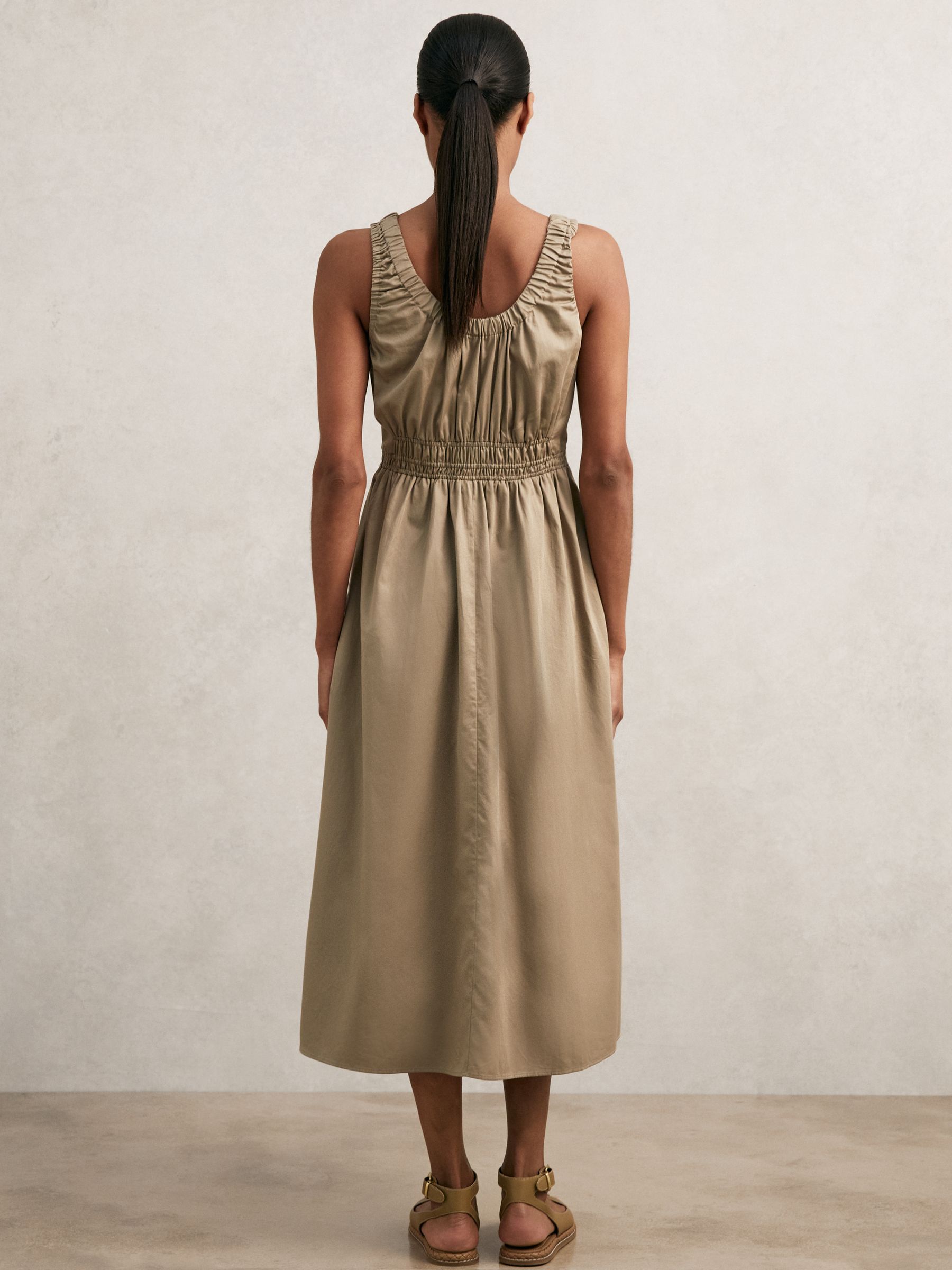 Cotton Craft-Stitch Shirred Midi Dress in Khaki