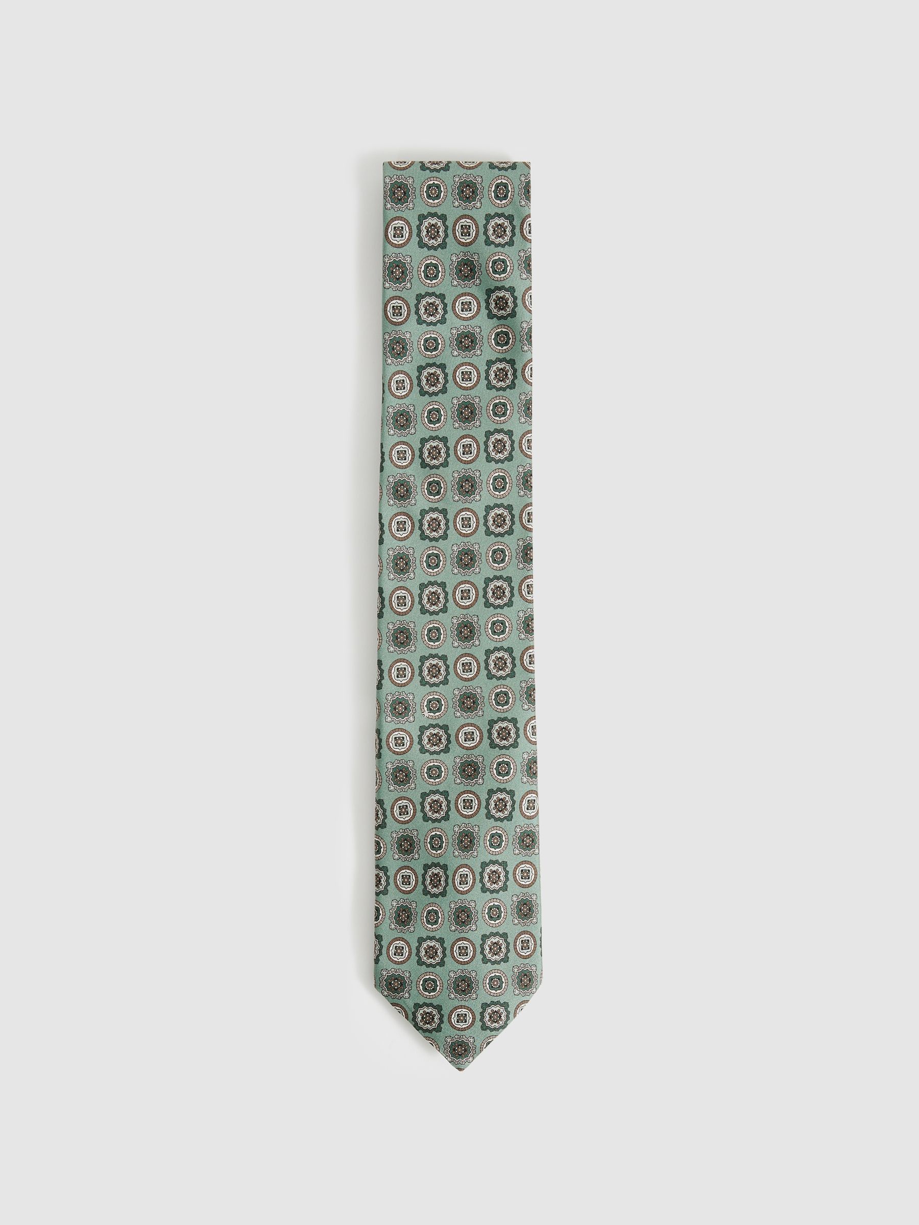 Silk Foulard Medallion Print Tie in Soft Sage