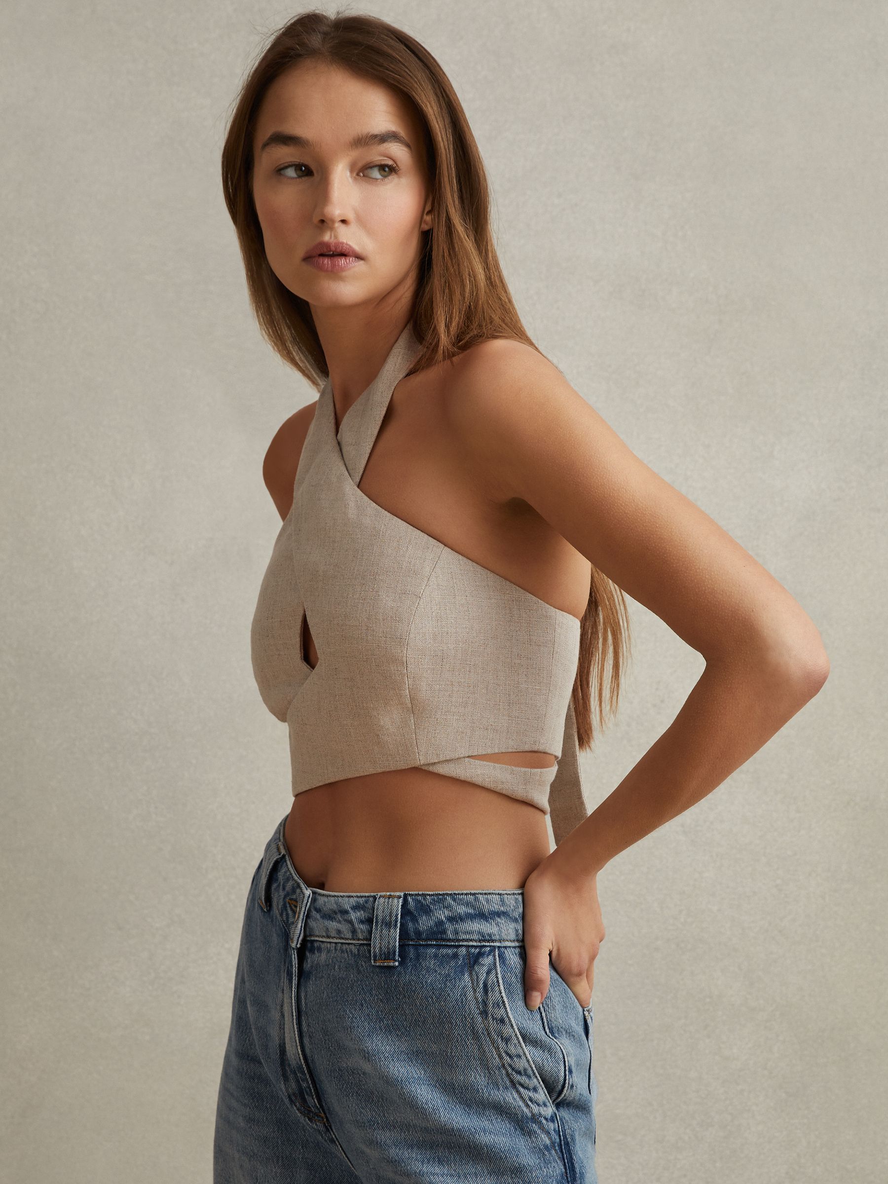 Linen Halter Neck Cropped Top in Neutral