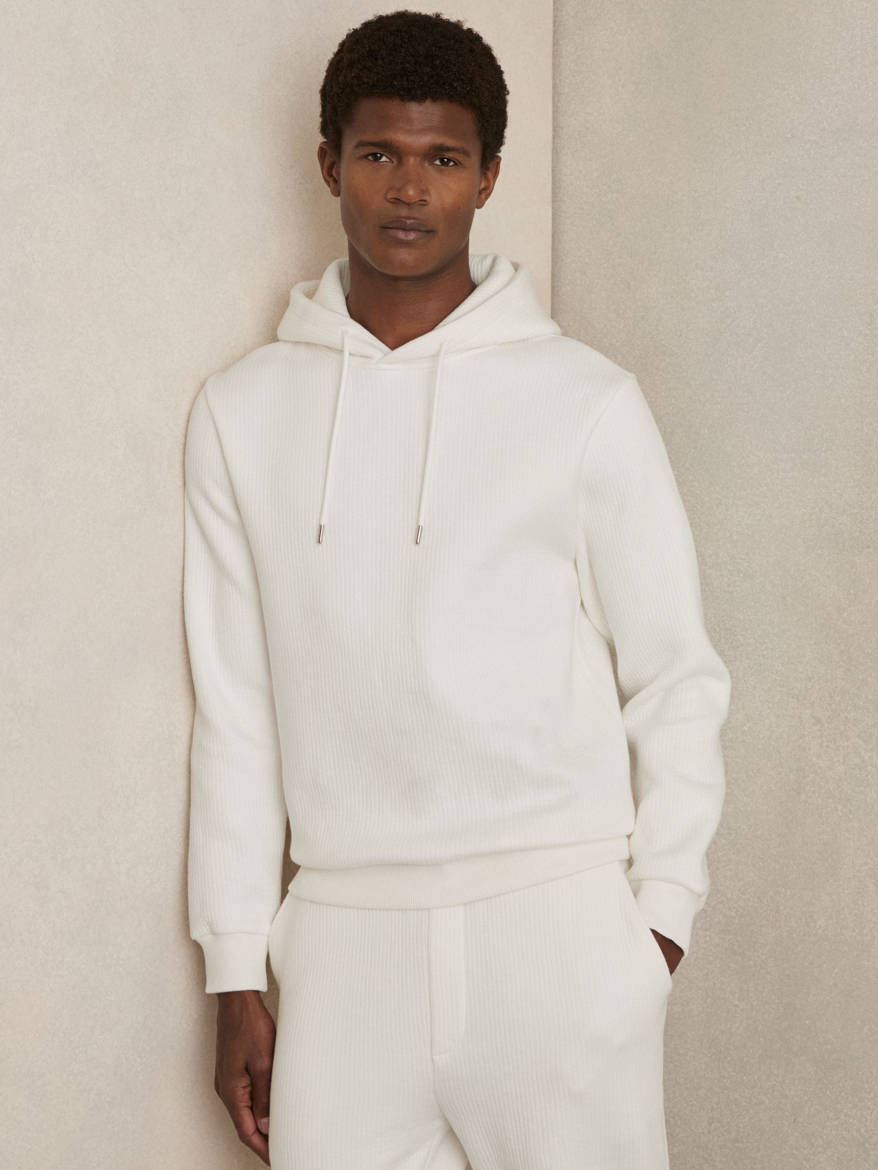 Cotton-Blend Rib-Knit Hoodie in White