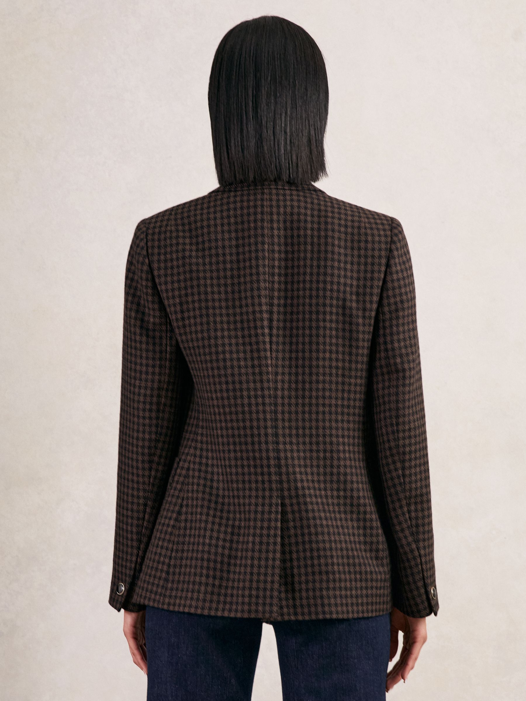 Wool-Blend Double-Breasted Check Blazer in Brown Check