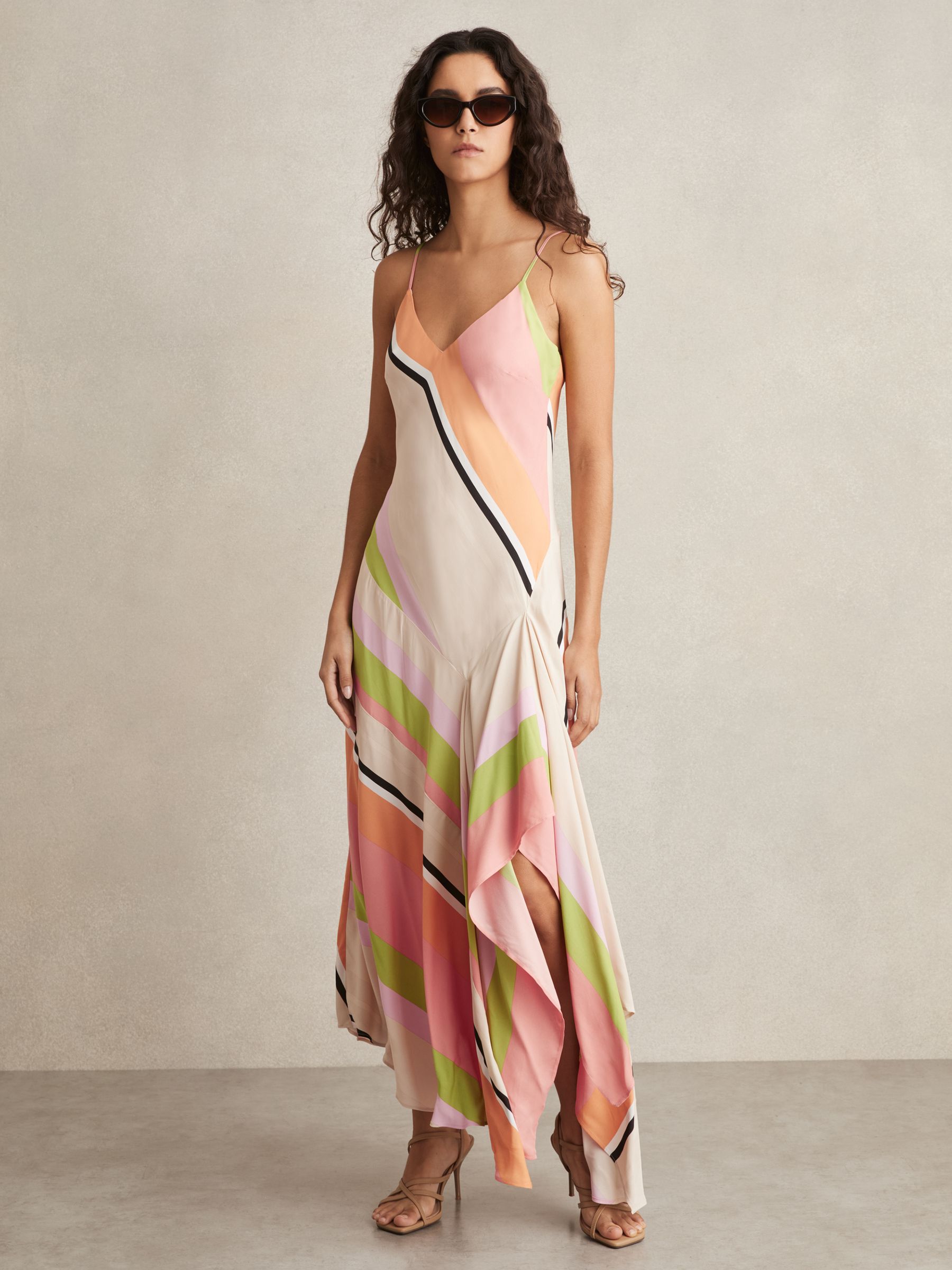 Stripe-Print Handkerchief Maxi Dress in Pink/Green