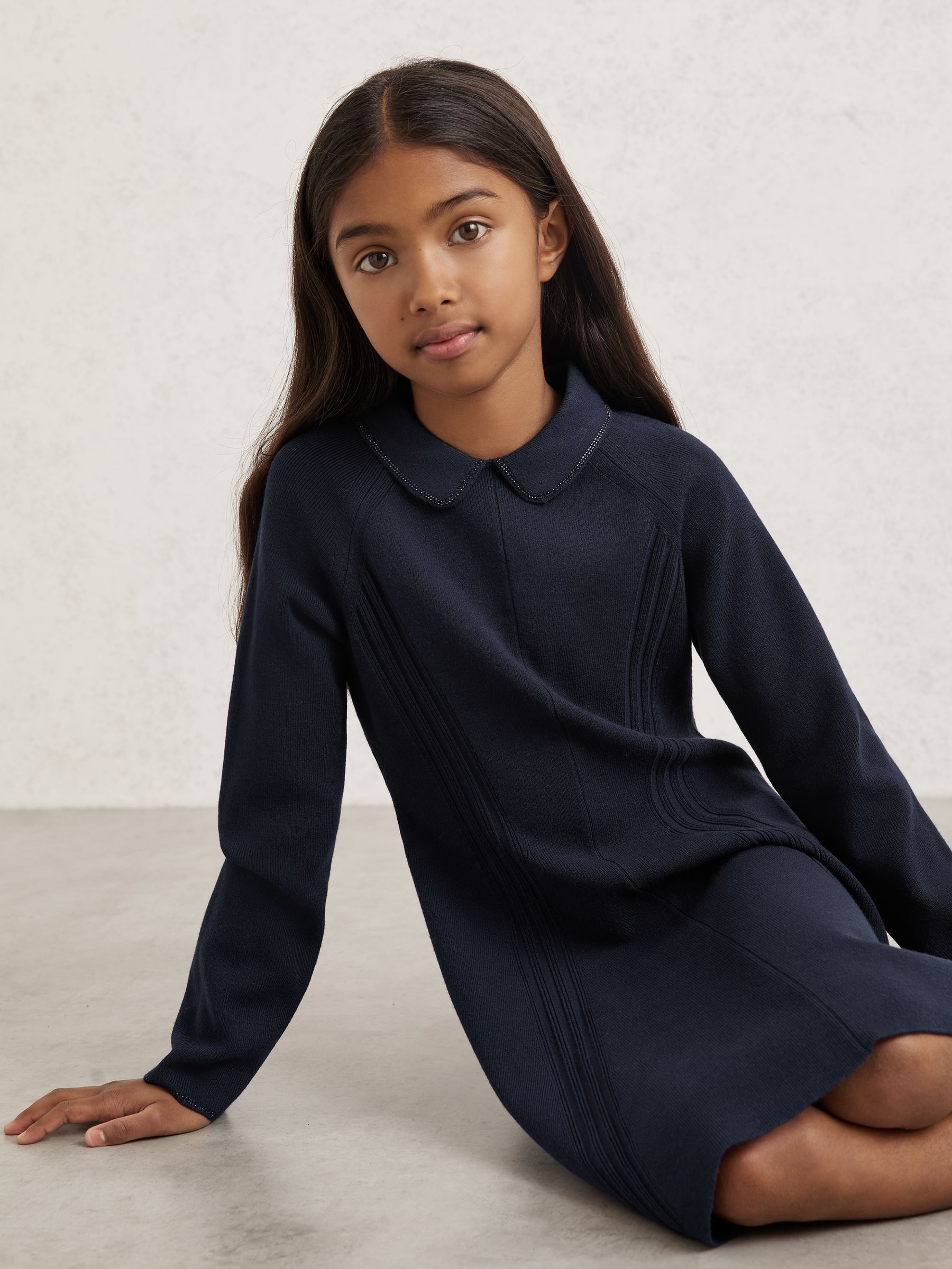 9-13 yrs Embellished Collar Knitted Dress in Navy