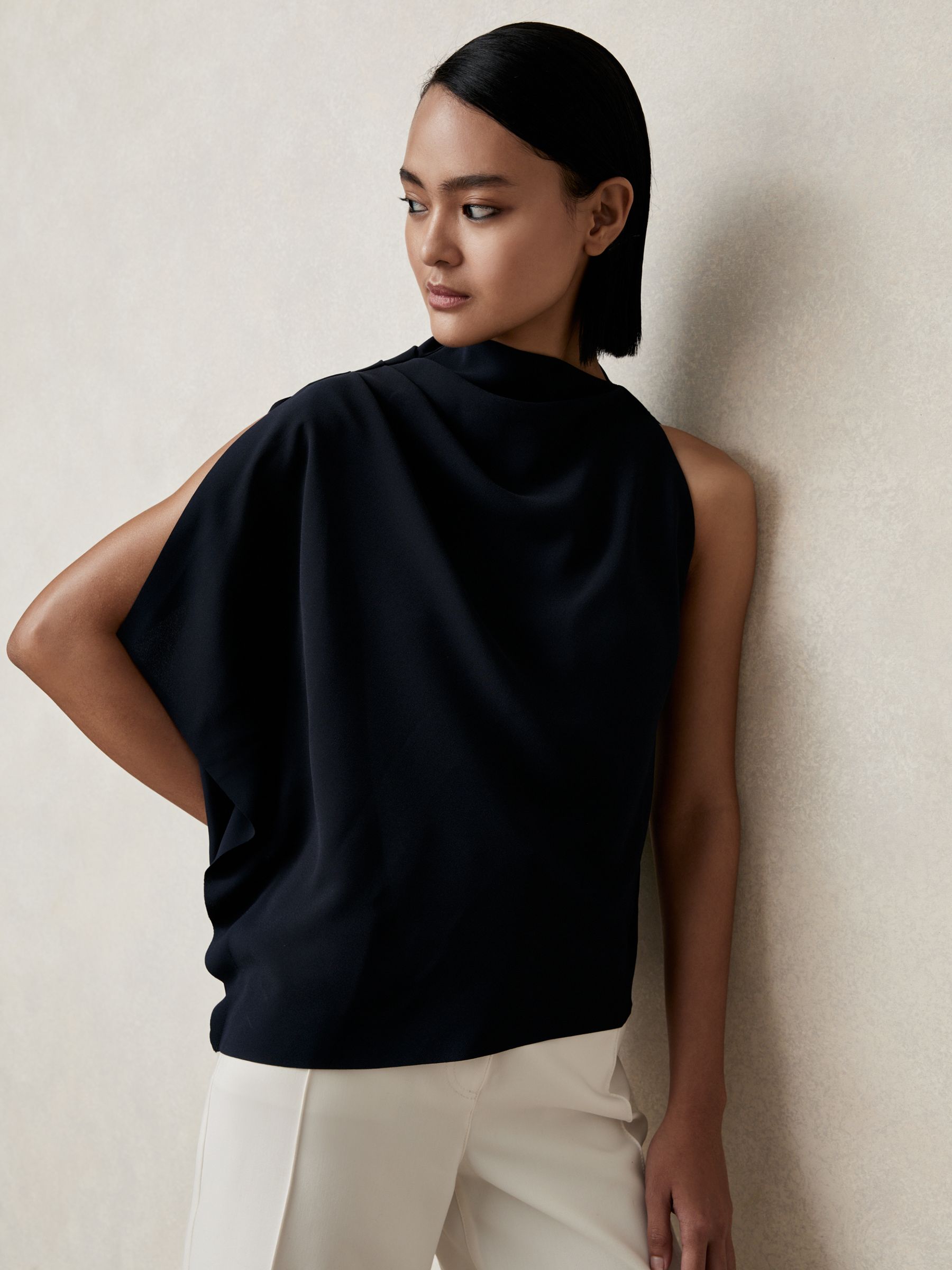One-Shoulder Draped Top in Navy