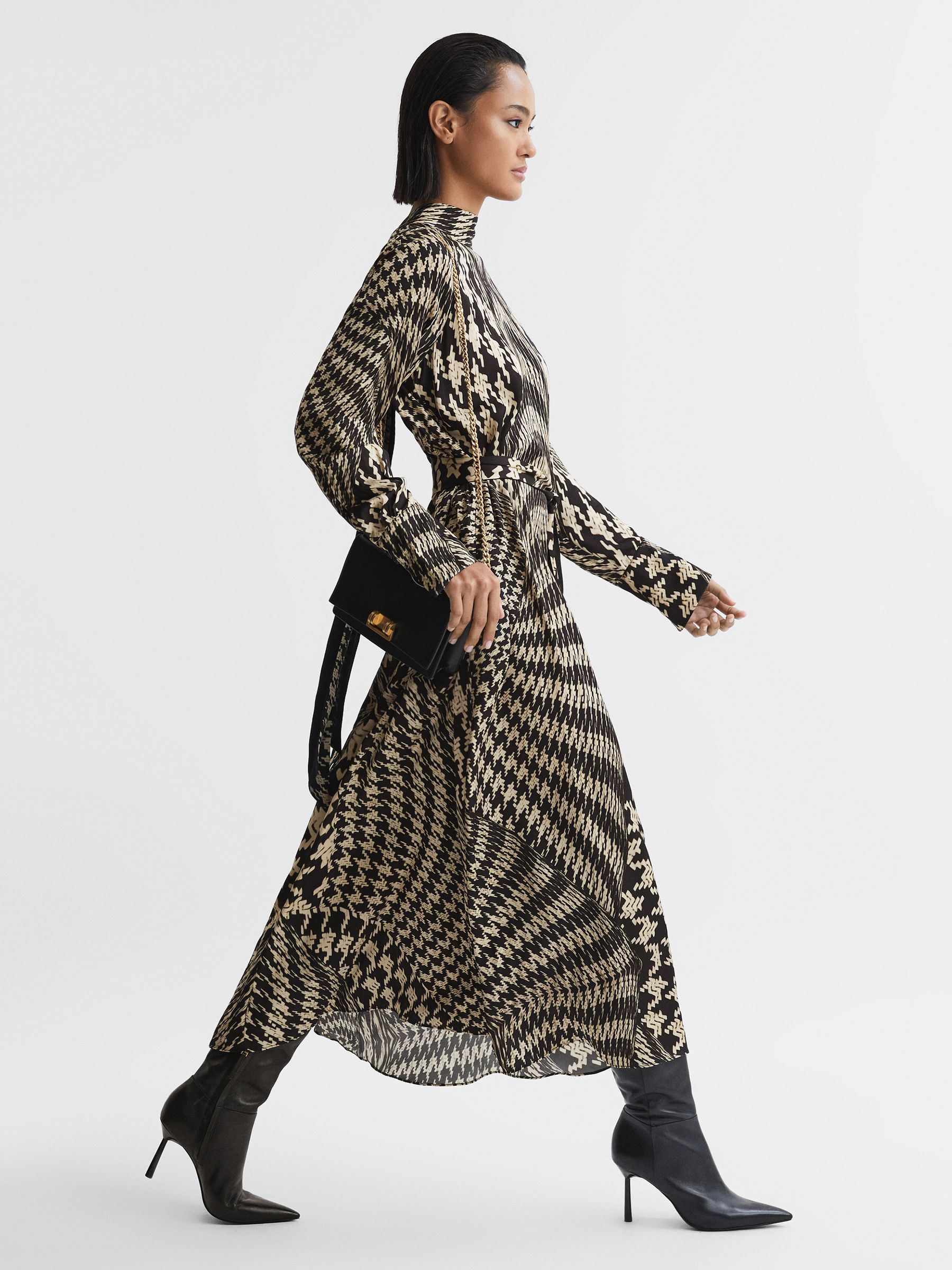 Dogtooth Midi Dress in Black/White