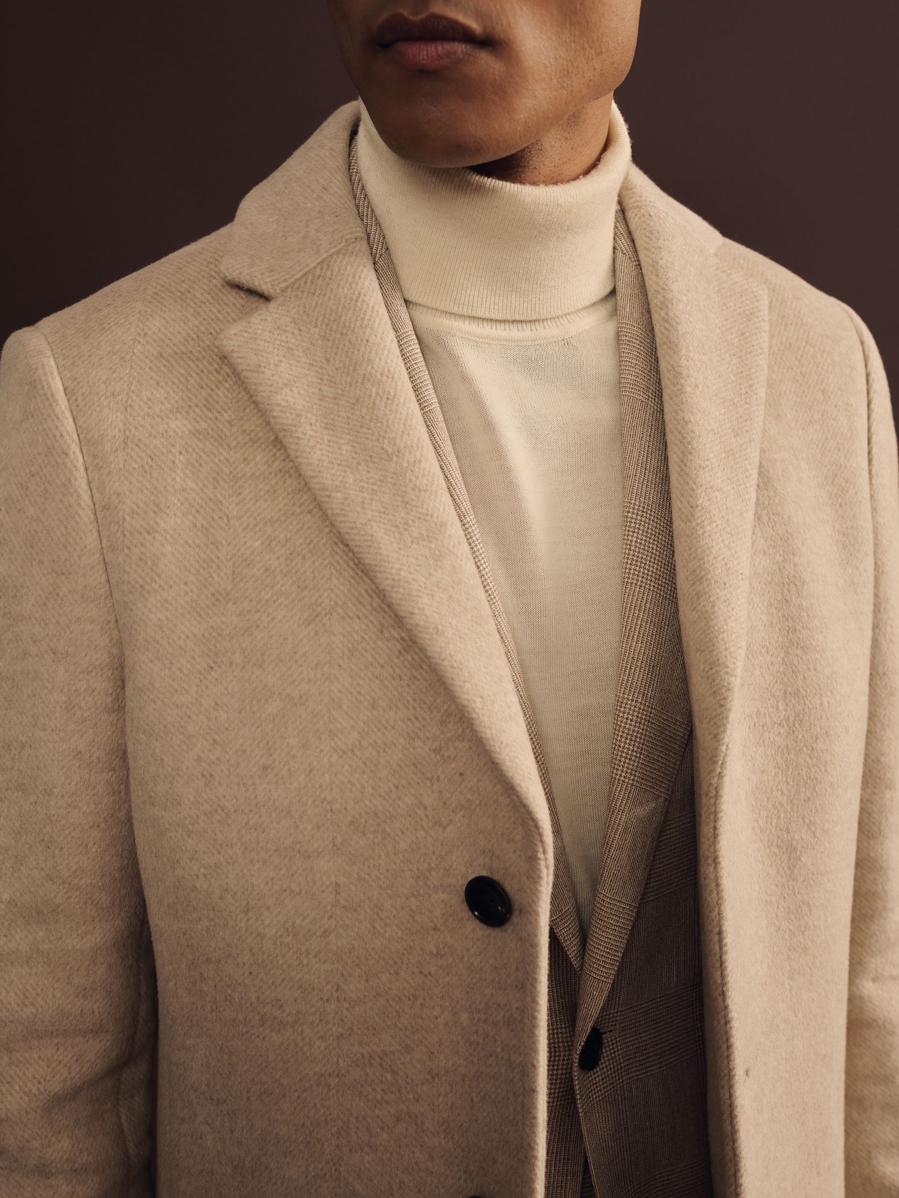 Wool Blend Single Breasted Epsom Overcoat in Oatmeal Herringbone