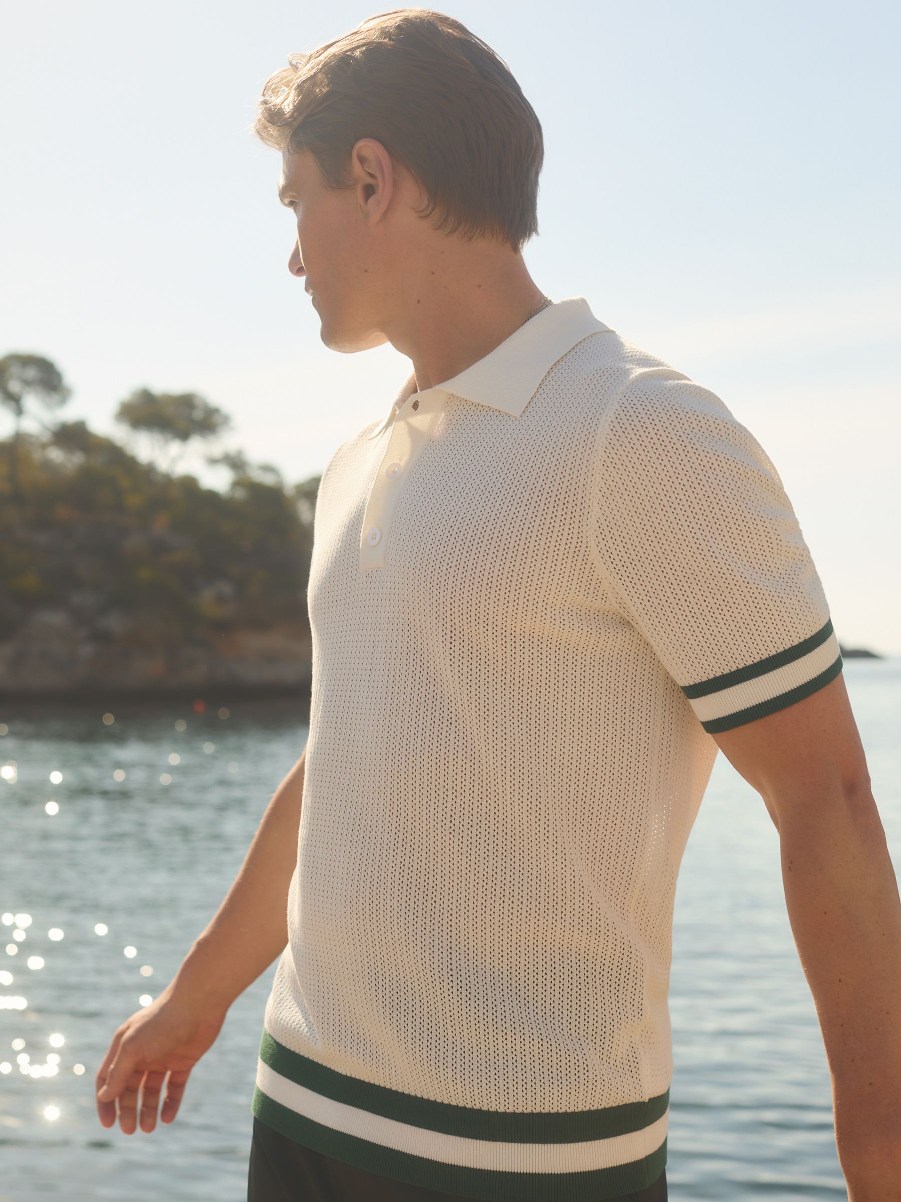 Reiss | Ché Knitted Half-Button Polo Shirt in White