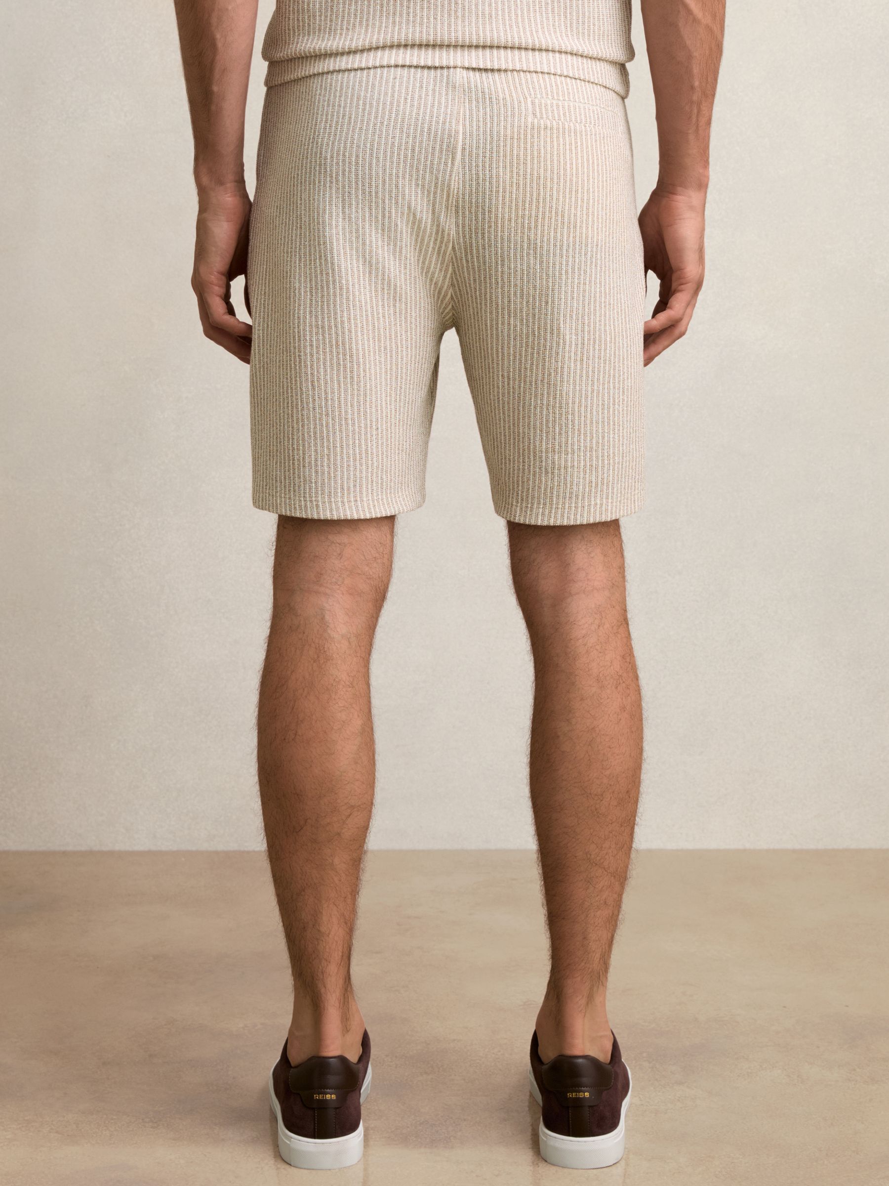 Cotton-Blend Stripe Drawstring Shorts in Ecru/Taupe Brown