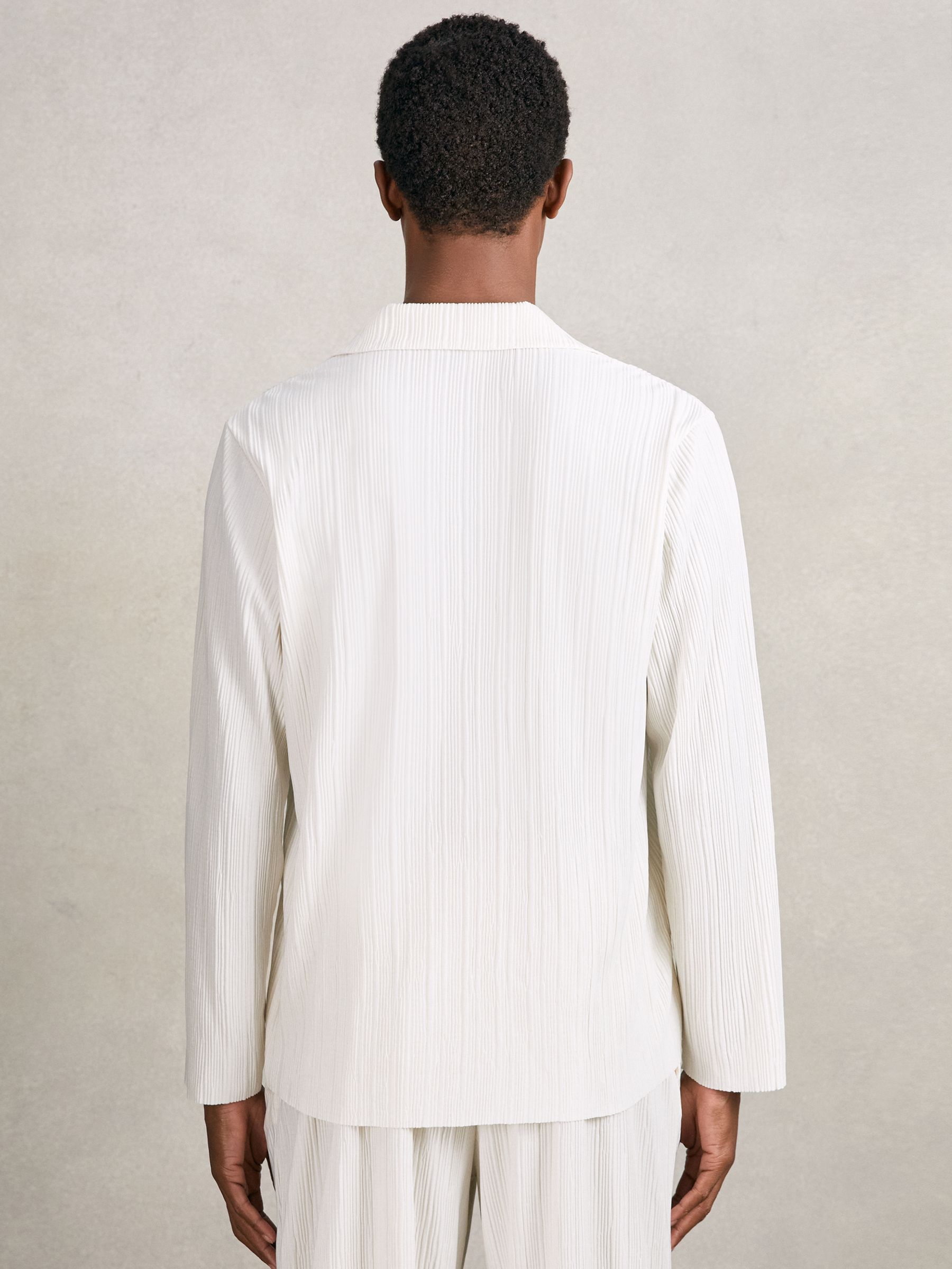 Plissé Cuban-Collar Long-Sleeve Shirt in Off White