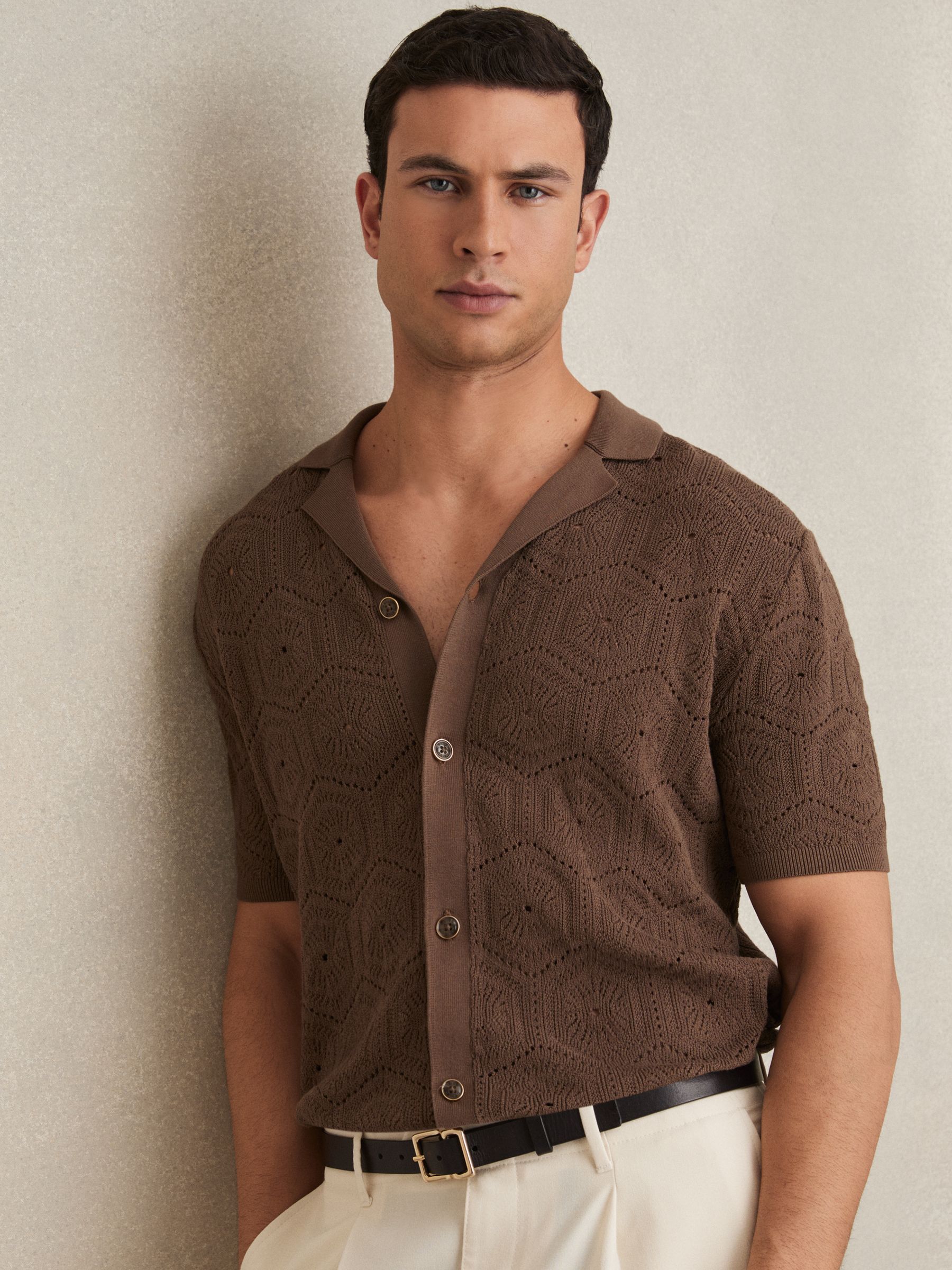 Pointelle Button-Through Shirt in Brown
