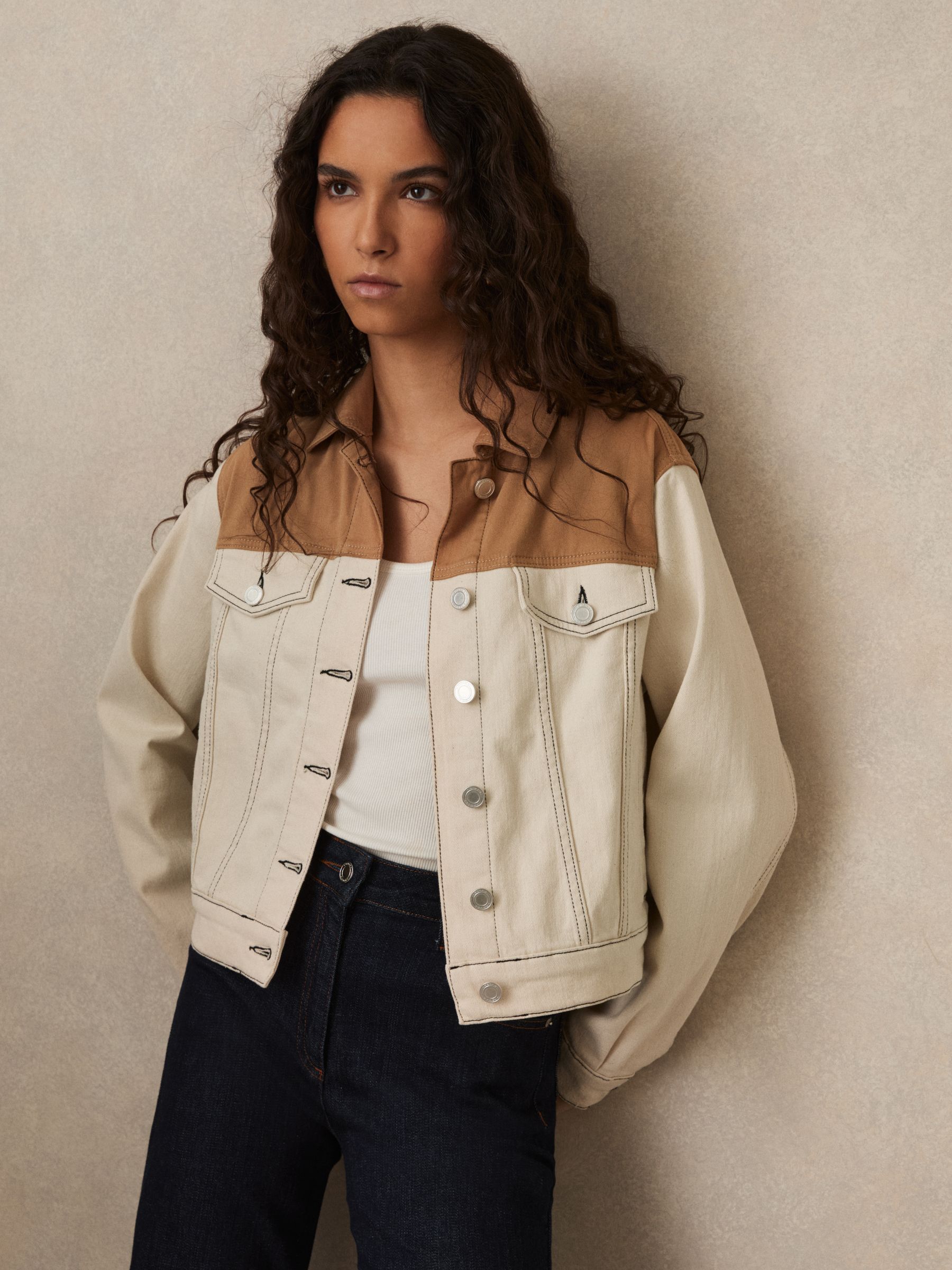 Colour-Block Denim Jacket in Ecru