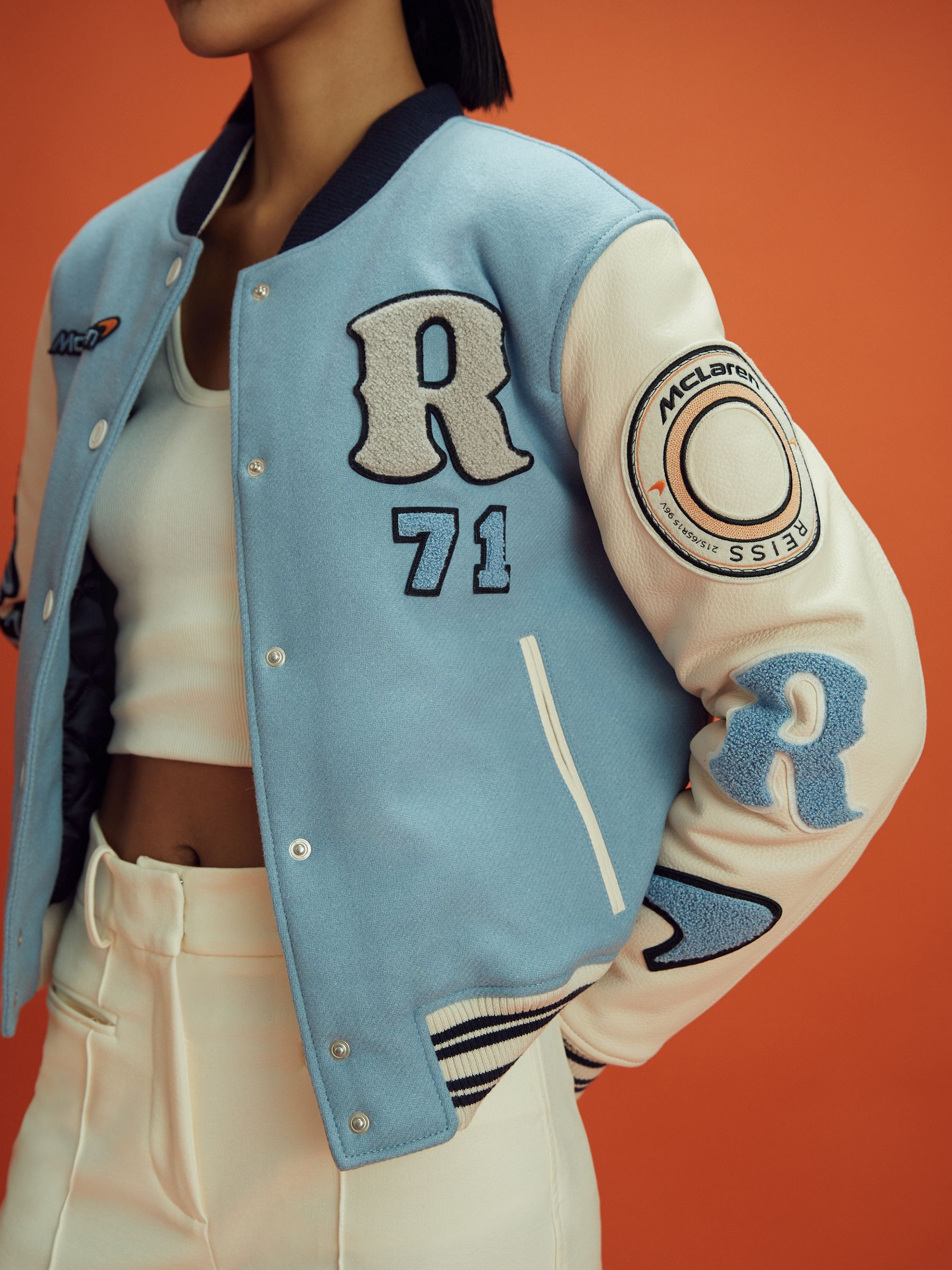 McLaren F1 Leather Varsity Jacket in Soft Blue/Ecru