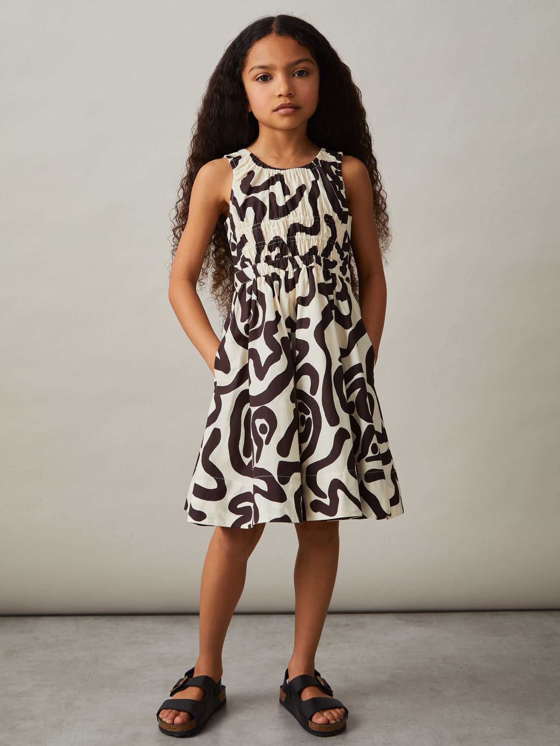 13-14 yrs Cotton Shirred Printed Dress in Ivory Print
