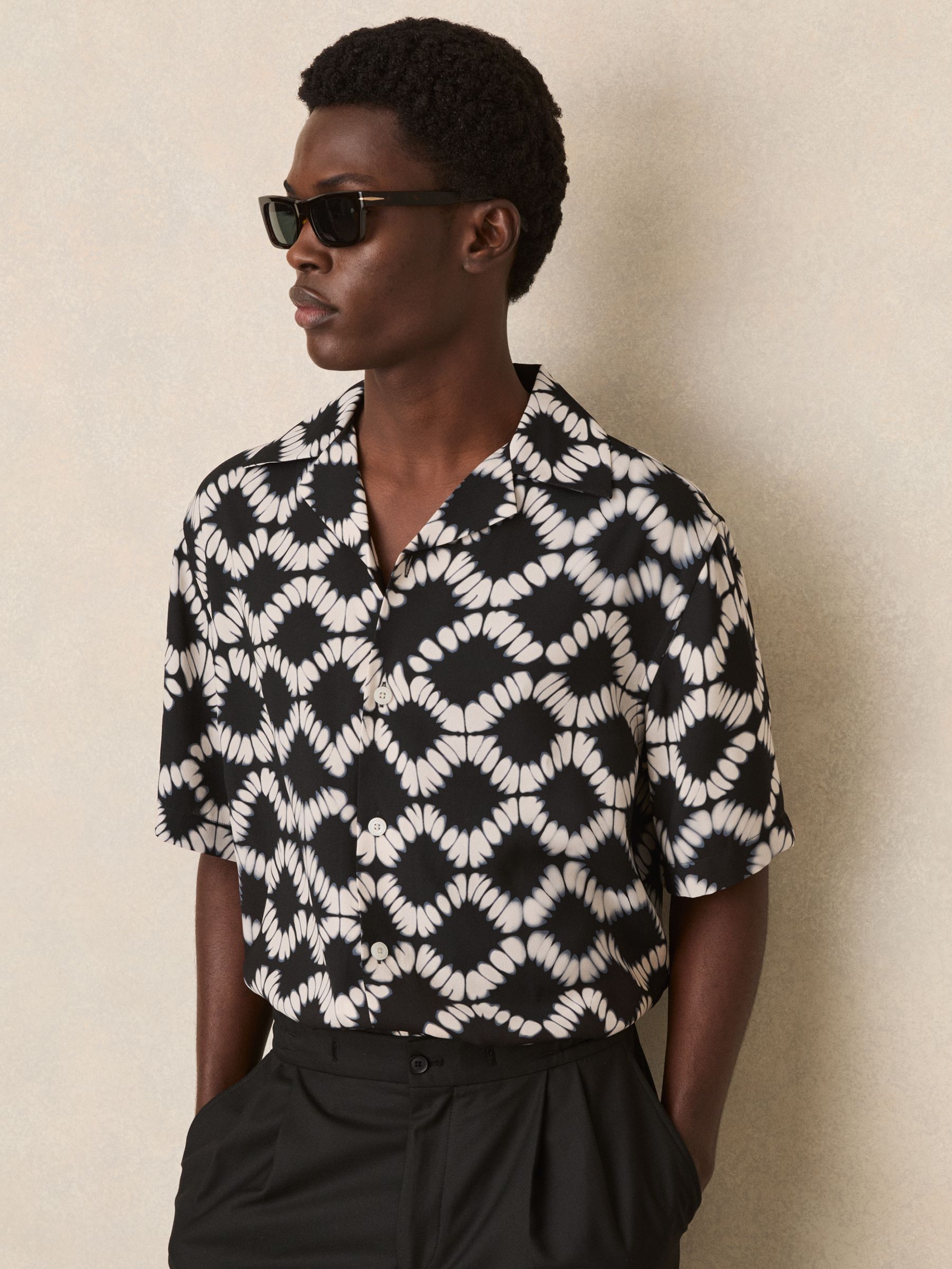 Abstract Floral Print Cuban Shirt in Black Multi