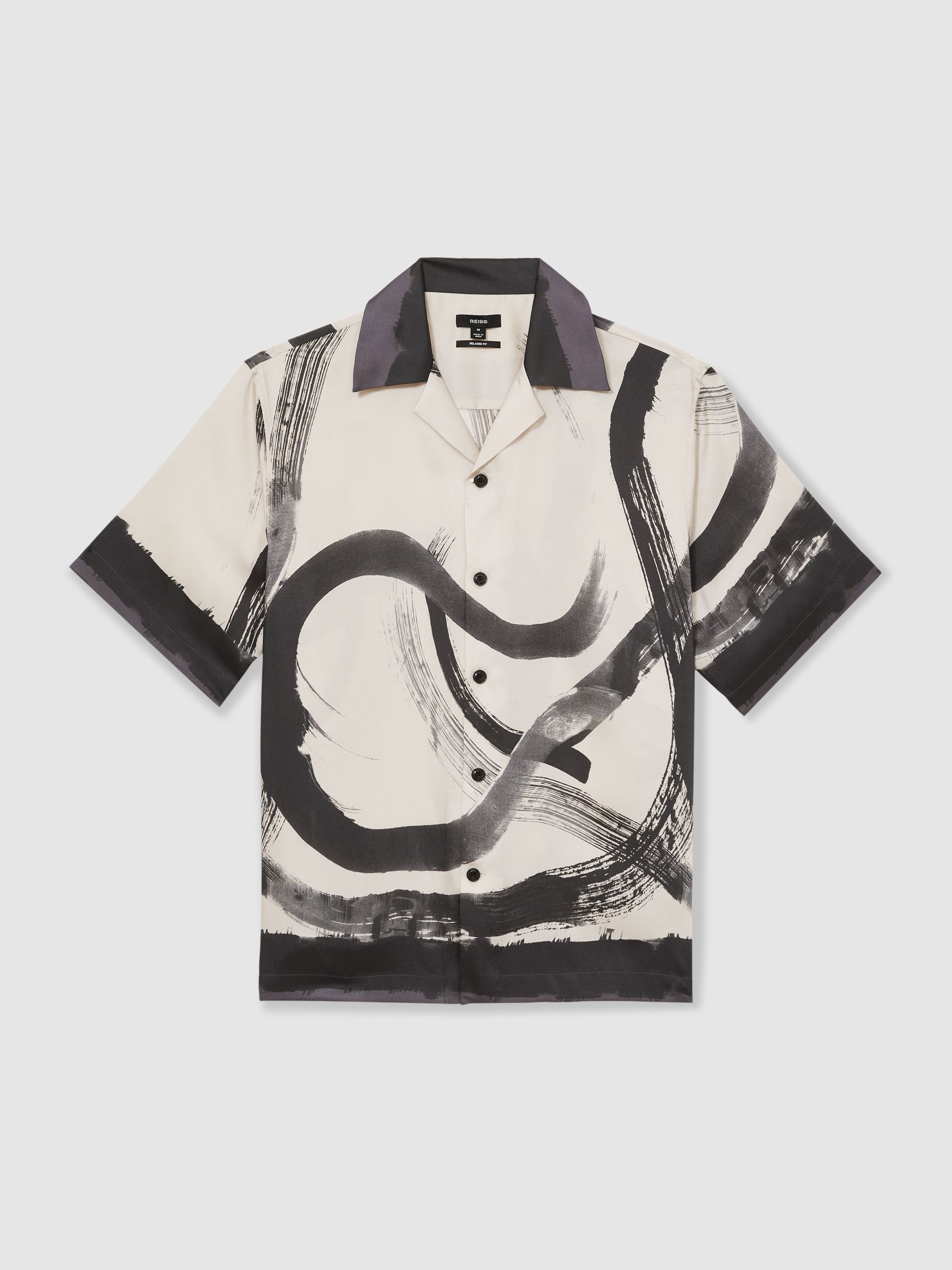 Brushstroke-Print Cuban-Collar Shirt in Charcoal Grey/Off White