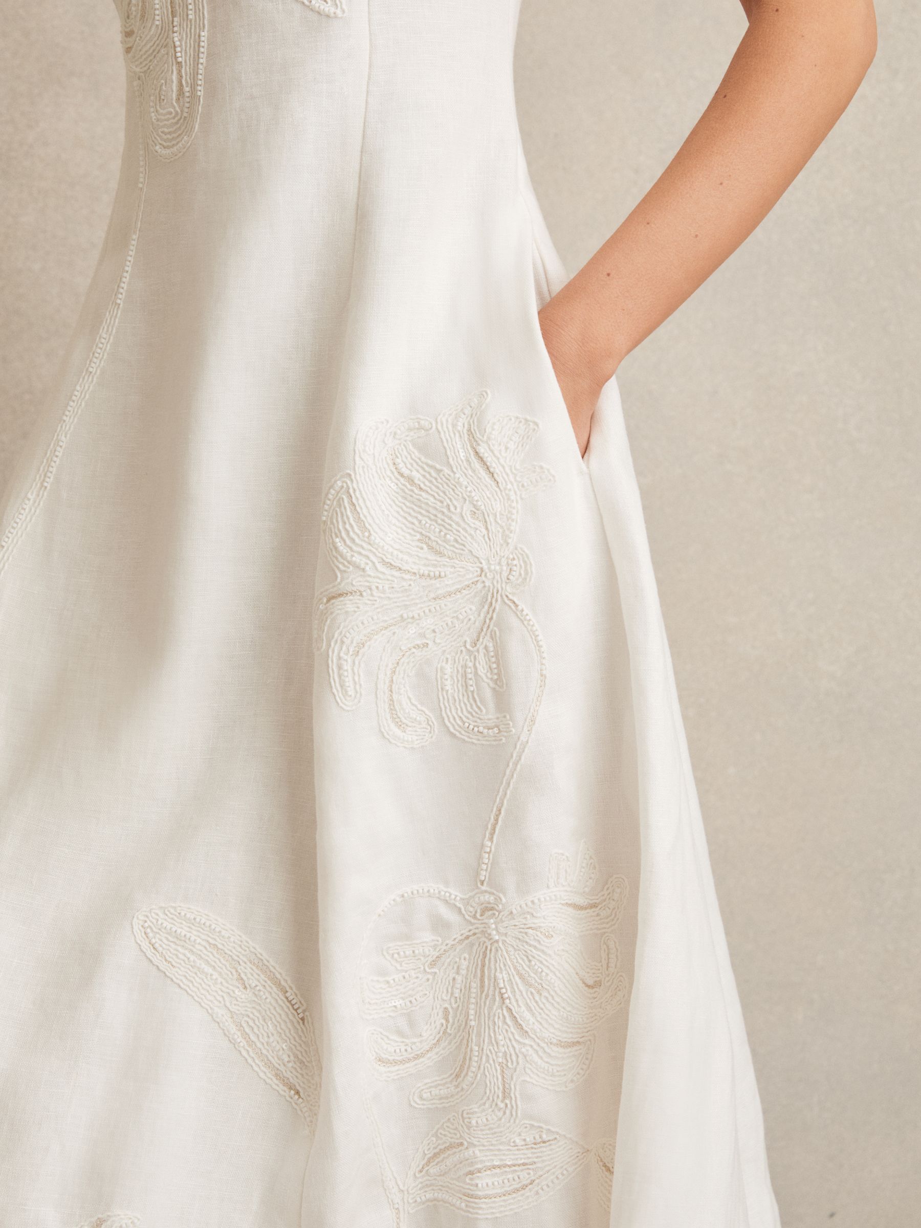 Linen Floral-Embroidered Midi Dress in Ivory