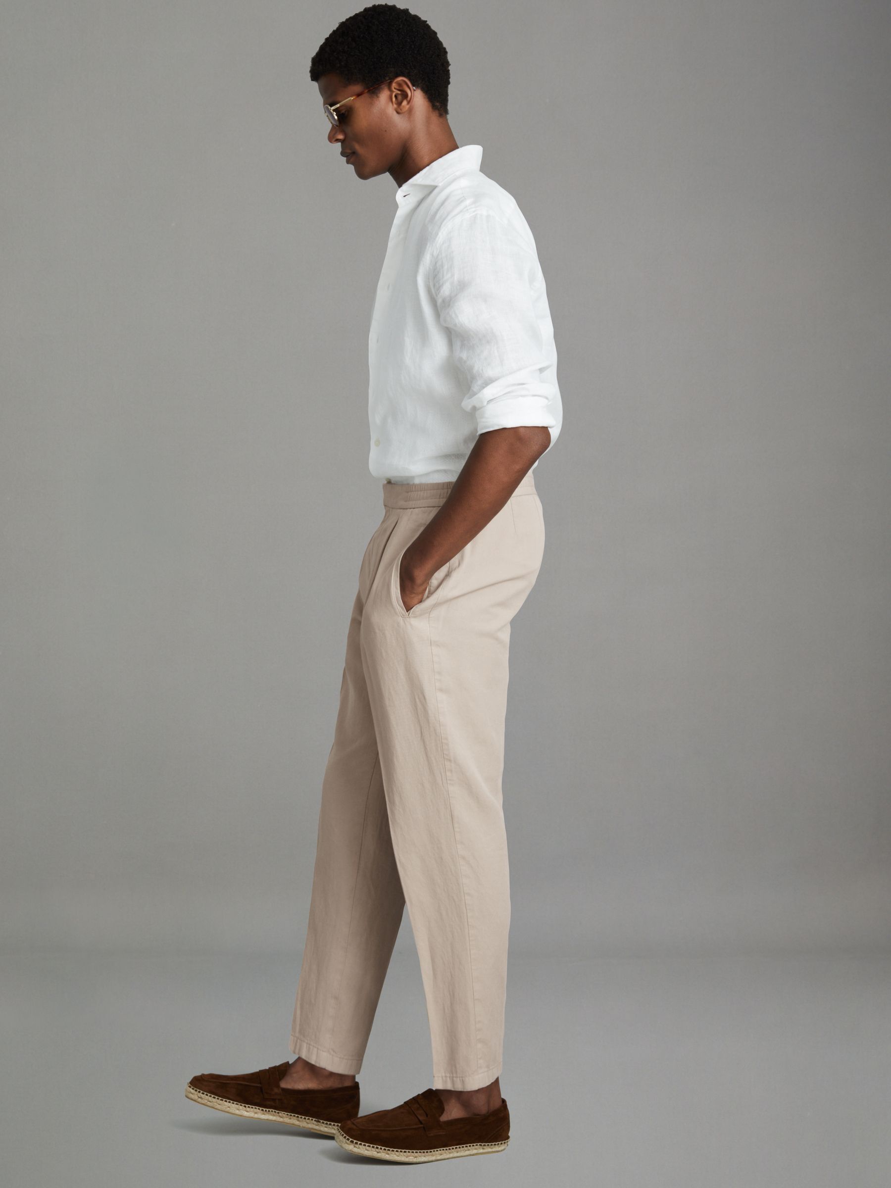 Relaxed Cotton/Linen Blend Elasticated Waist Trousers in Stone