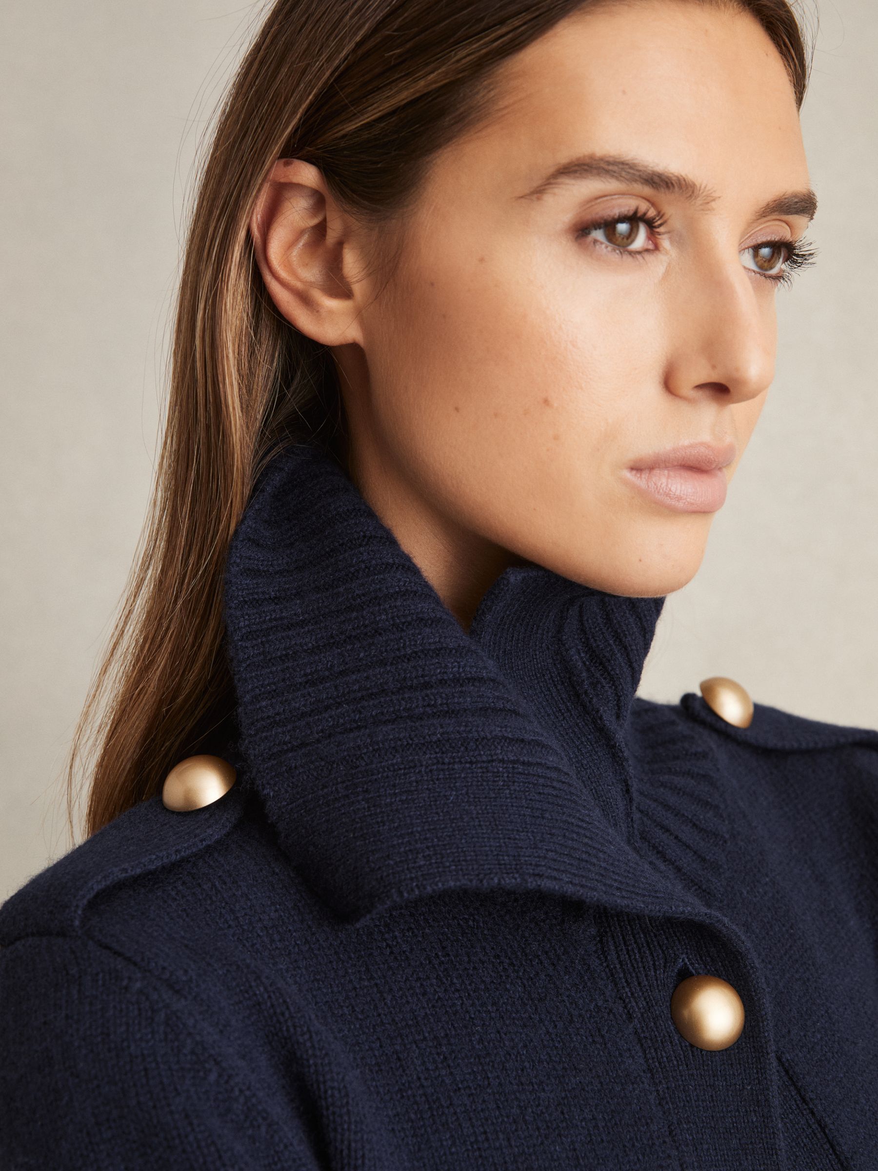 Wool-Cashmere Spread Collar Cardigan in Navy
