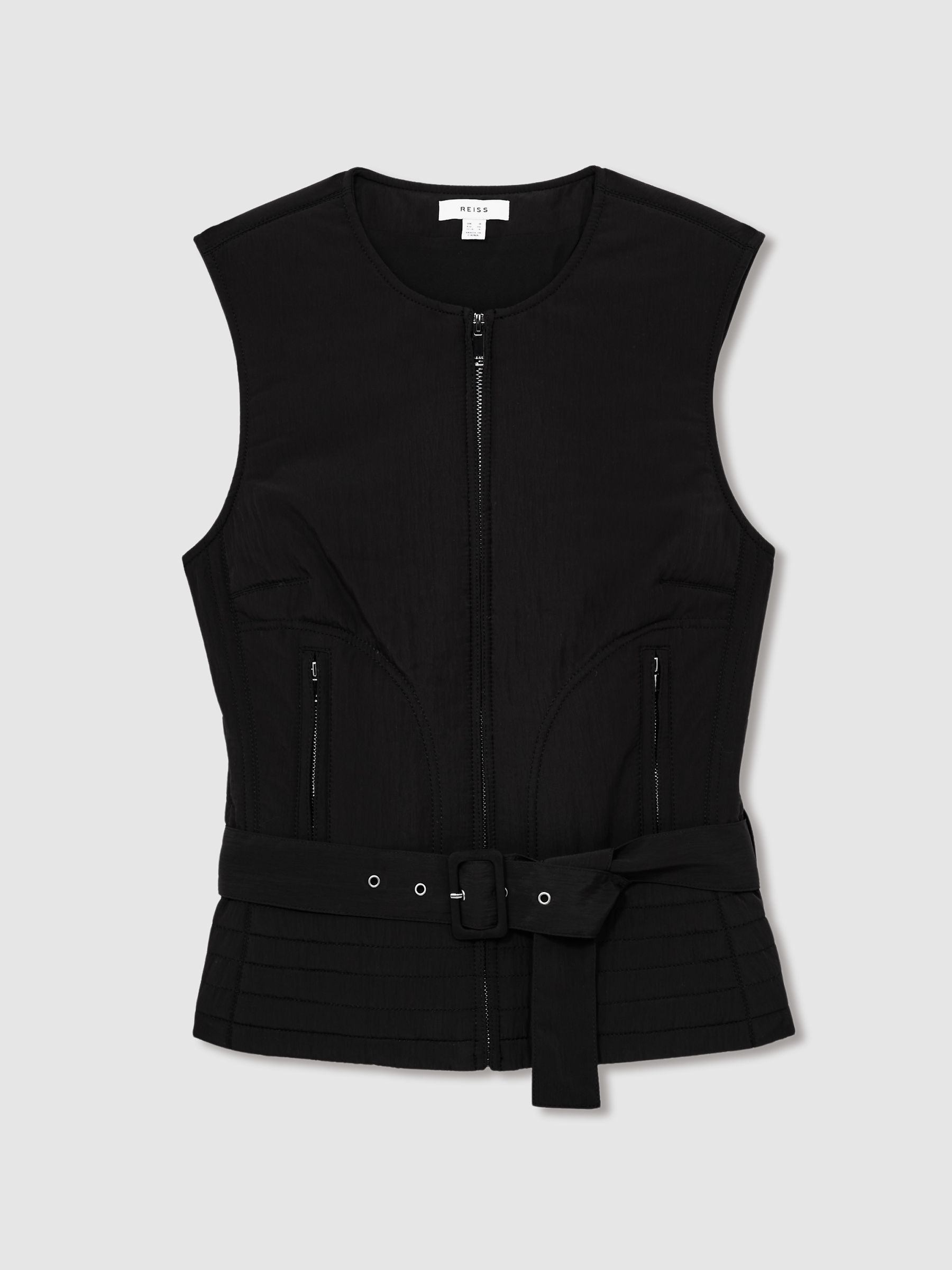 Quilted Zip-Through Belted Vest in Black