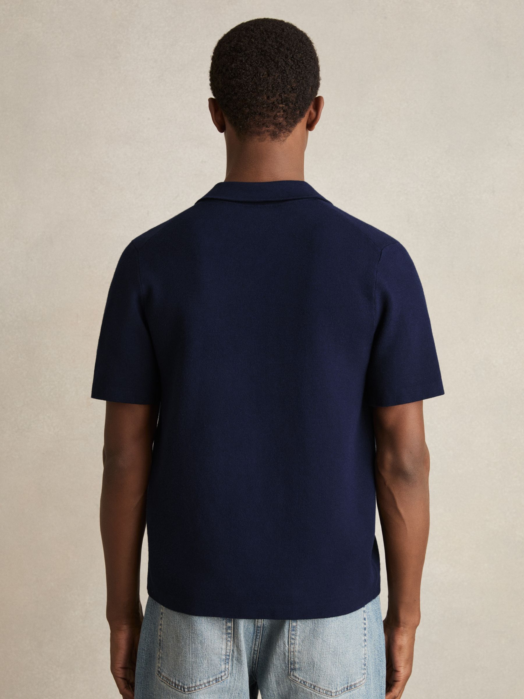 Geometric Cuban-Collar Knit Shirt in Navy/Blue