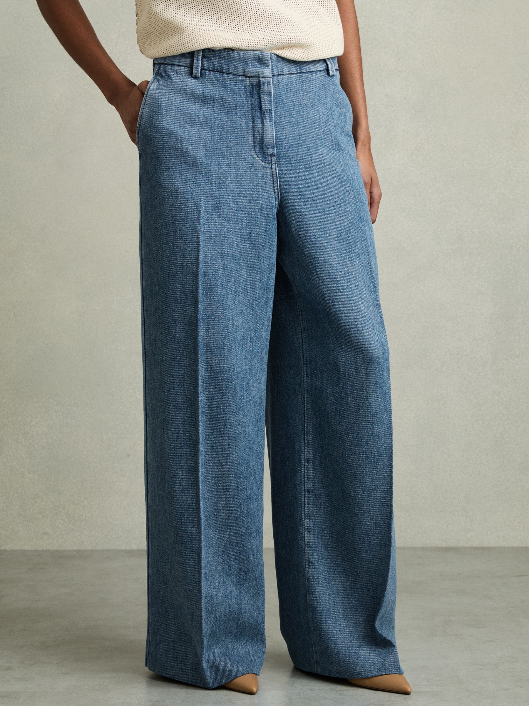 Petite Denim-Look Wide-Leg Trousers in Mid Blue