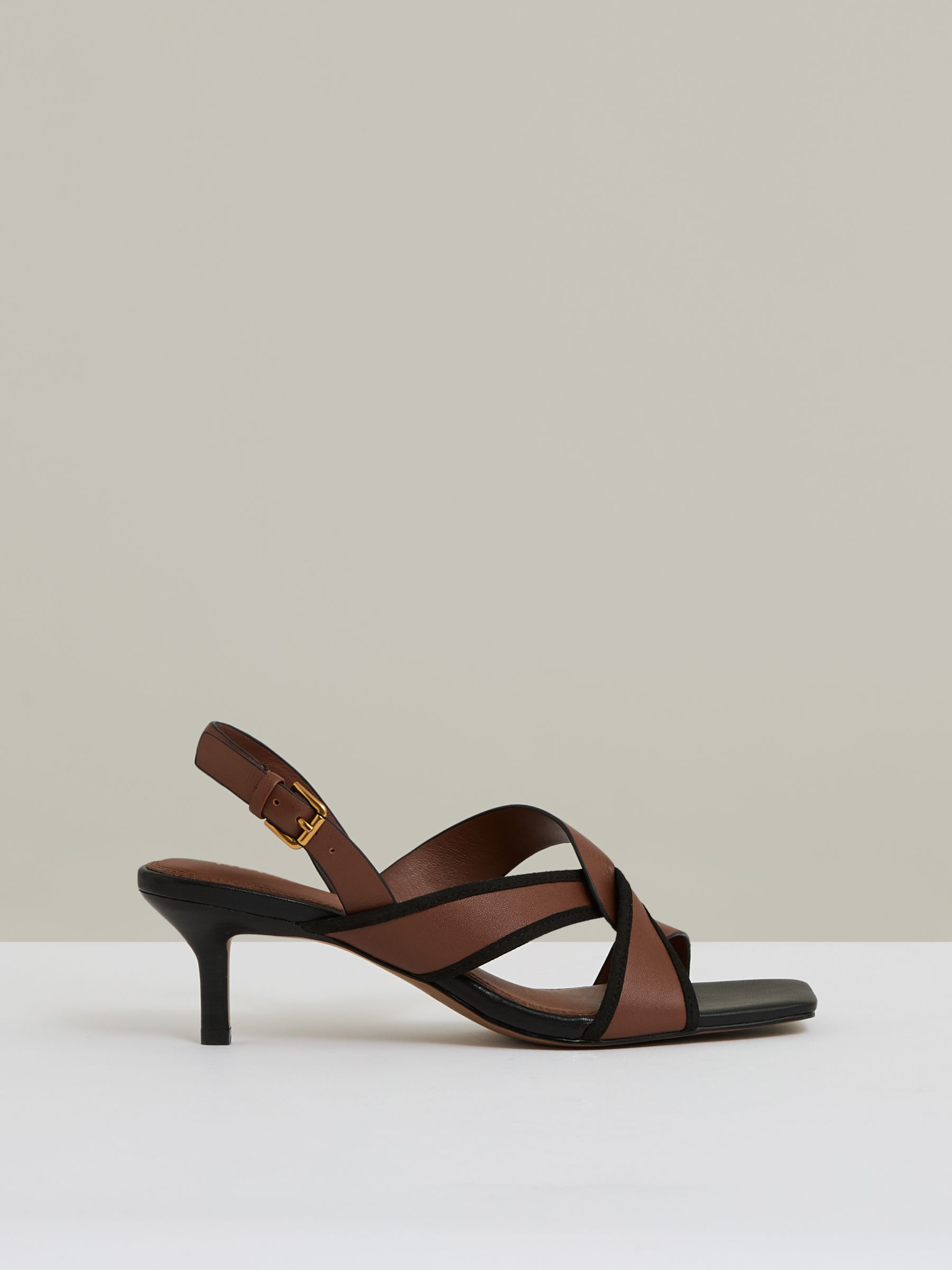 Leather Link-Strap Low-Heel Sandals in Tan