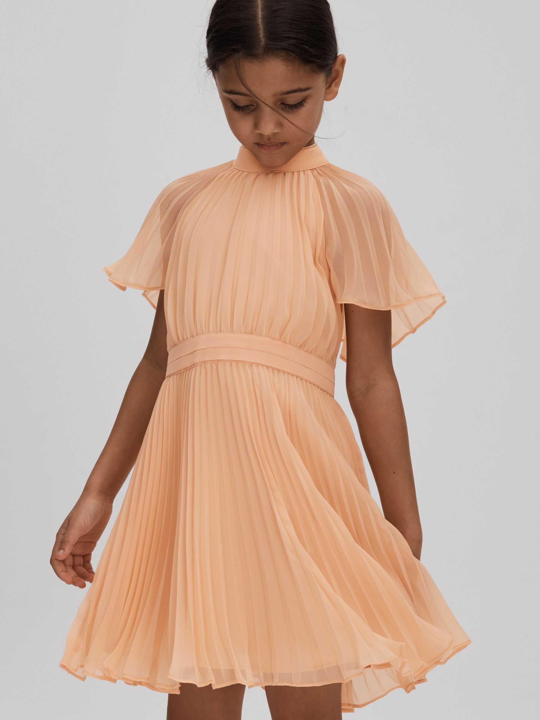 Teen Pleated Cape Sleeve Dress in Apricot