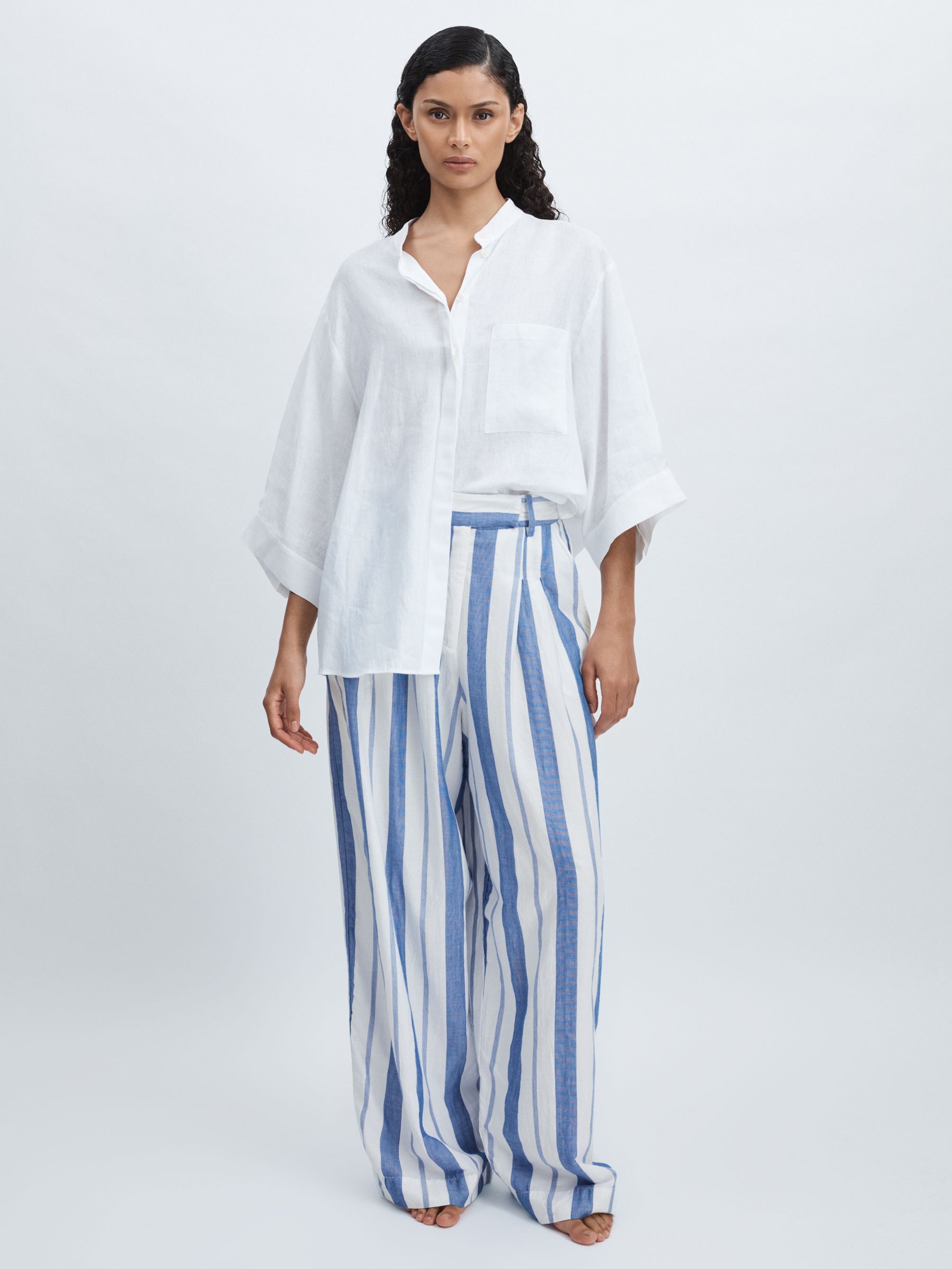 Mille 100% Cotton Striped Wide-Leg Trousers in Blue Stripe