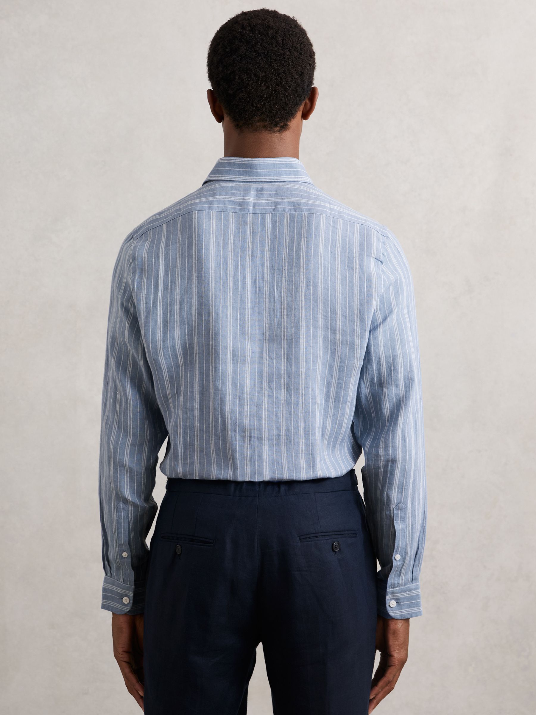 Linen Striped Cutaway-Collar Shirt in Airforce Blue/White