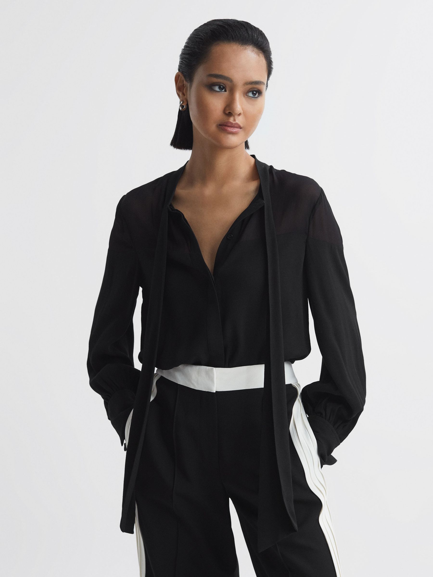 Tie Neck Semi-Sheer Blouse in Black