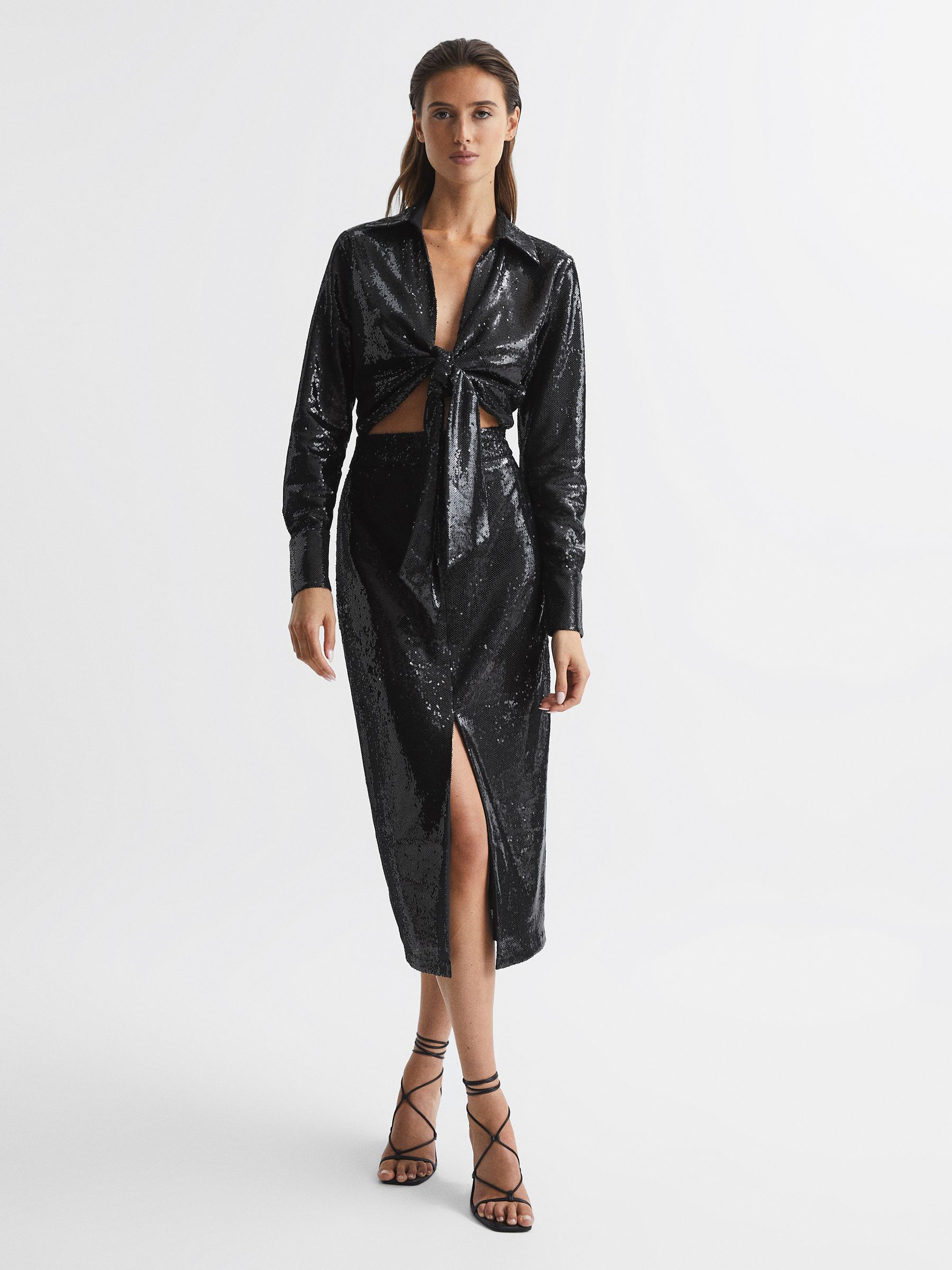 Tie Front Sequin Top in Black