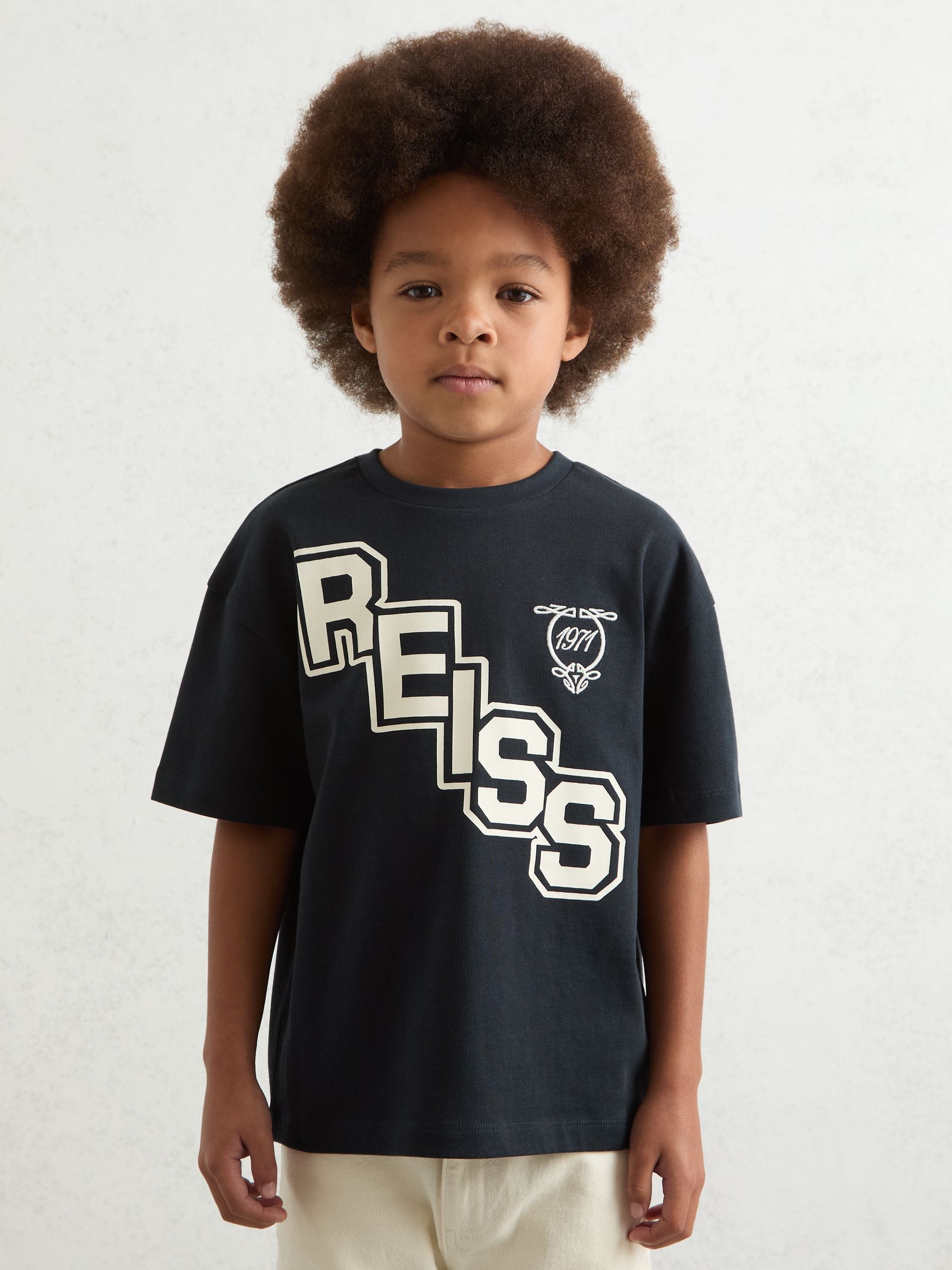 9-13 yrs Cotton Oversized Logo T-Shirt in Navy/White