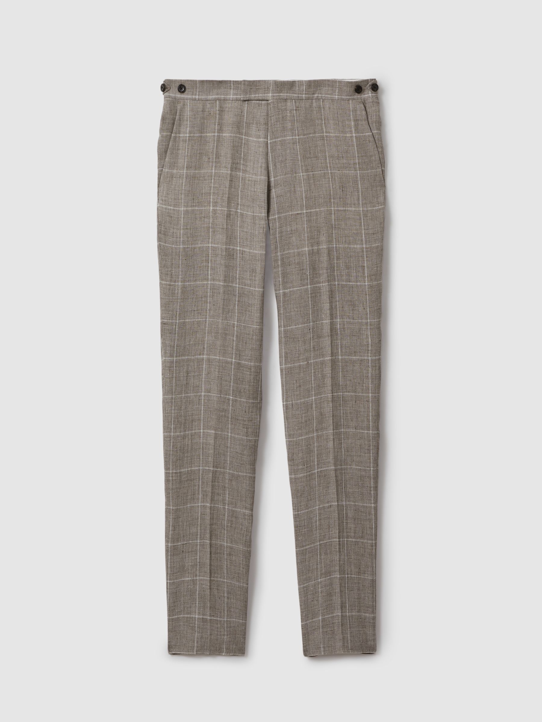 Burgess Light Taupe 100% Linen Side Adjuster Check Slim Fit Trousers