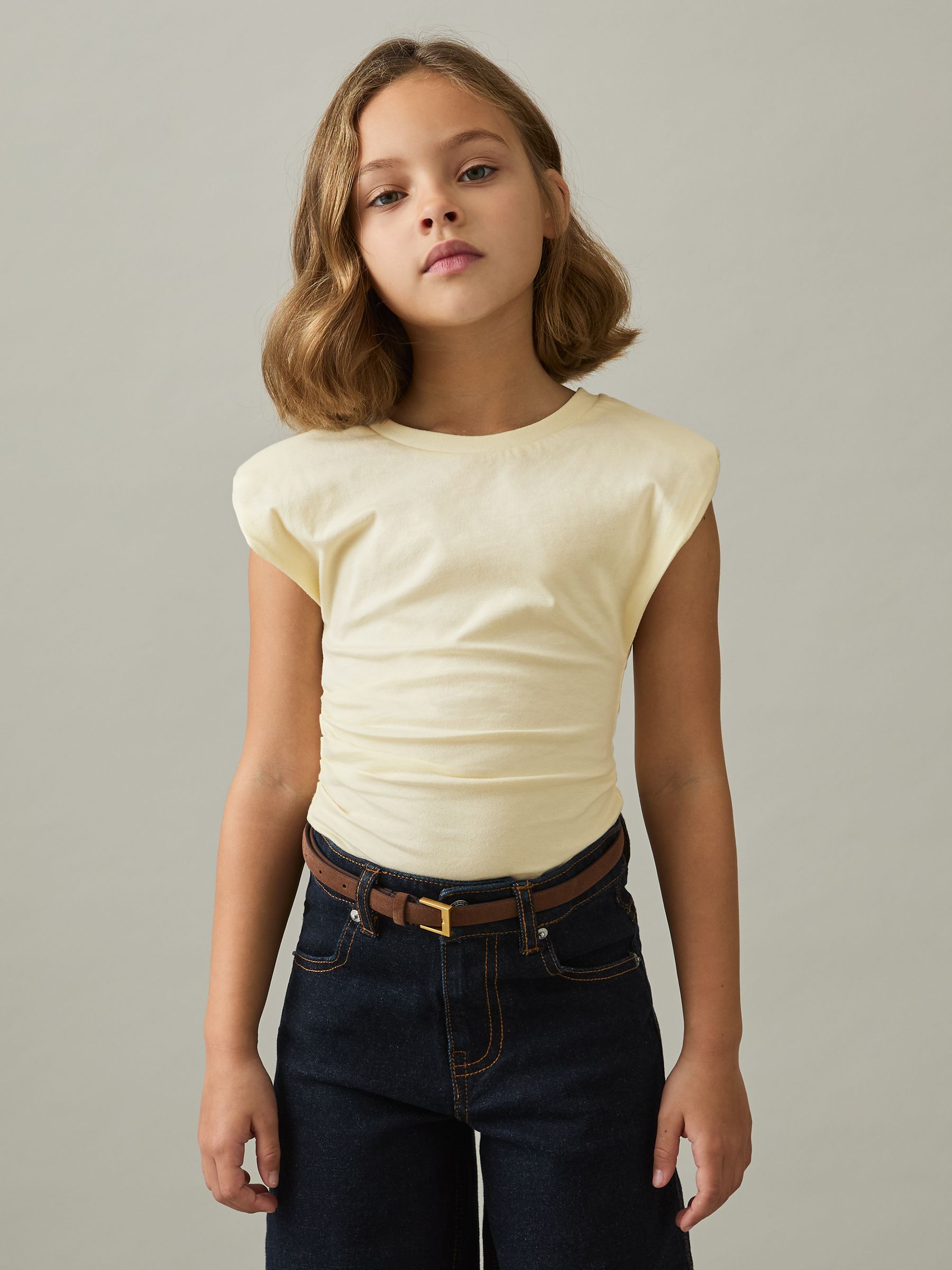 13-14 yrs Cotton-Jersey Cap-Sleeve Ruched Top in Lemon