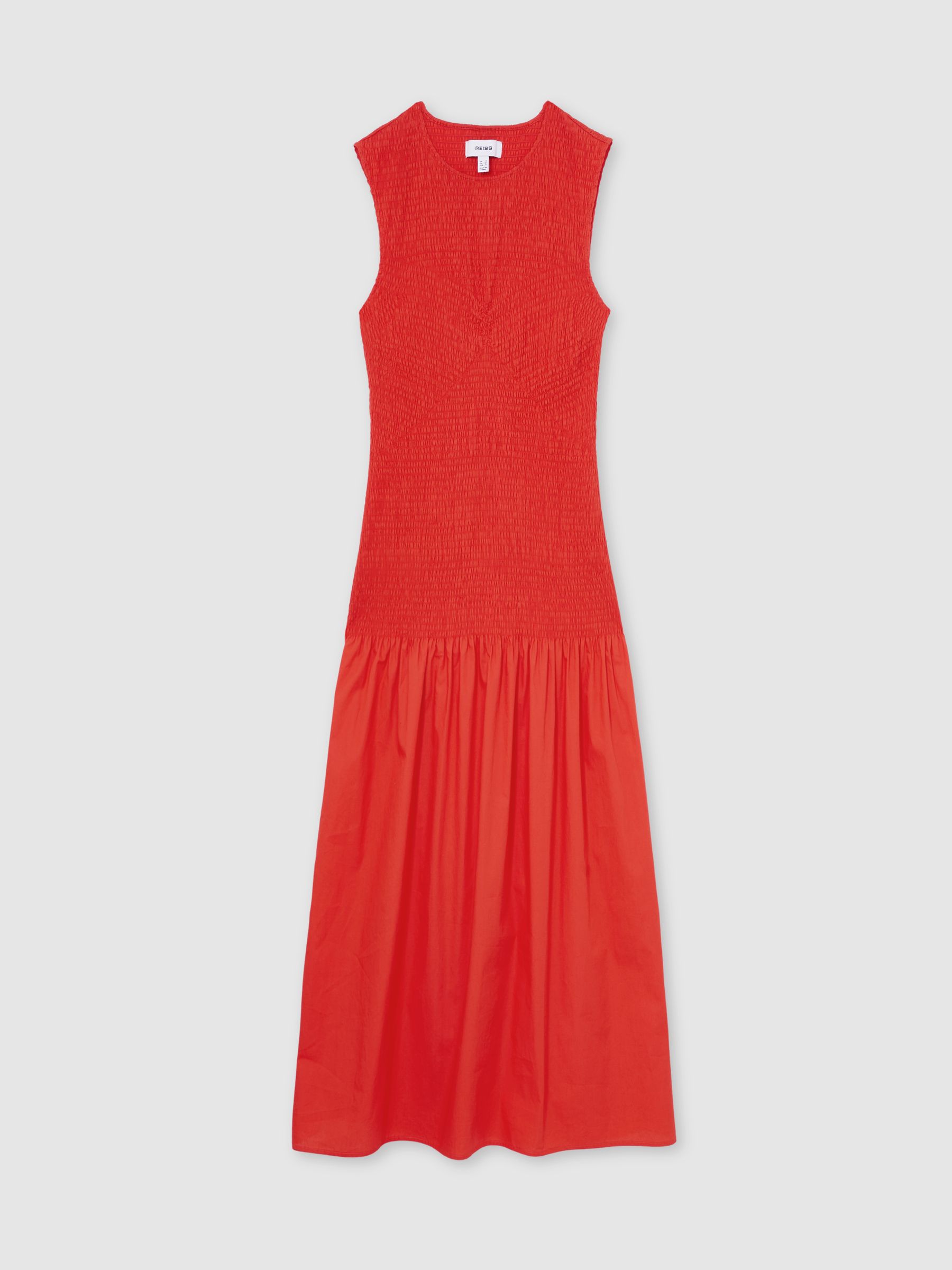 Cotton Shirred Midi Dress in Red