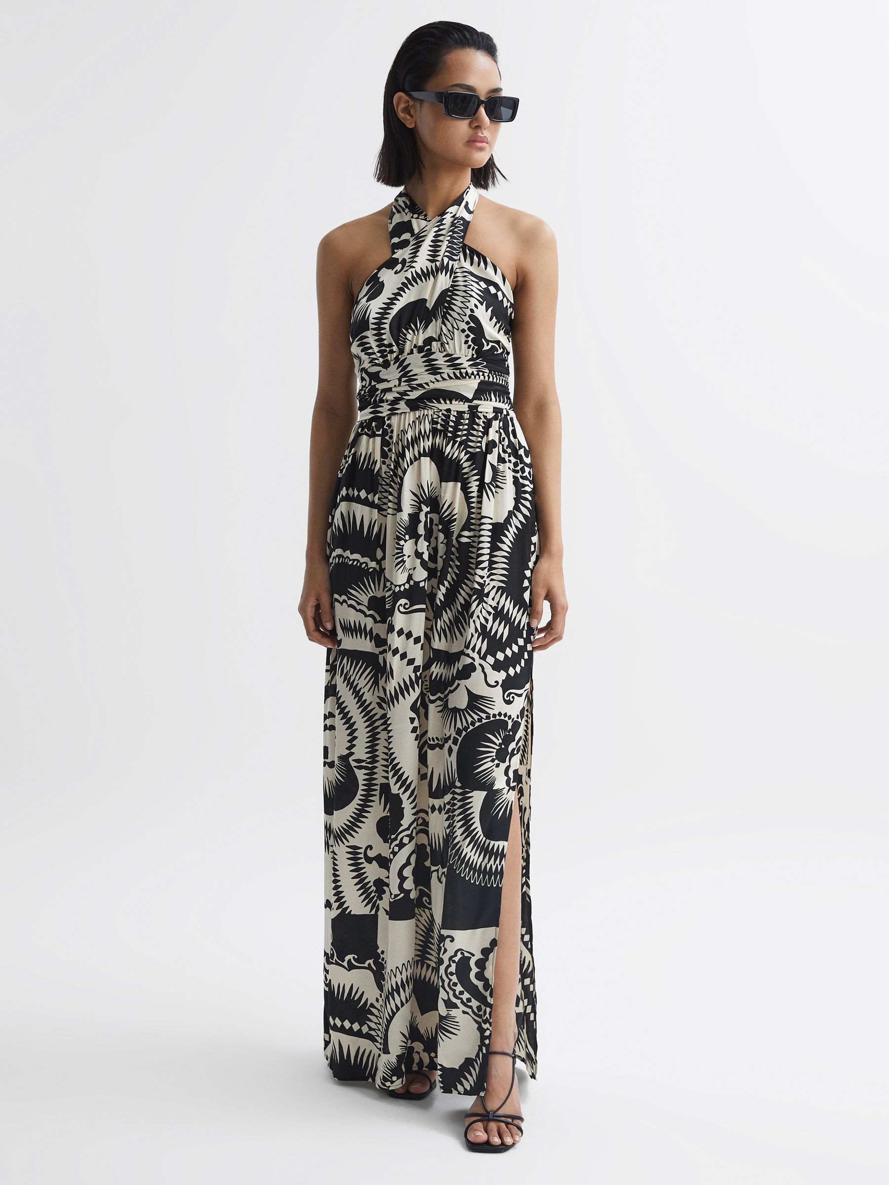 Printed Halter Neck Maxi Dress in Black/White