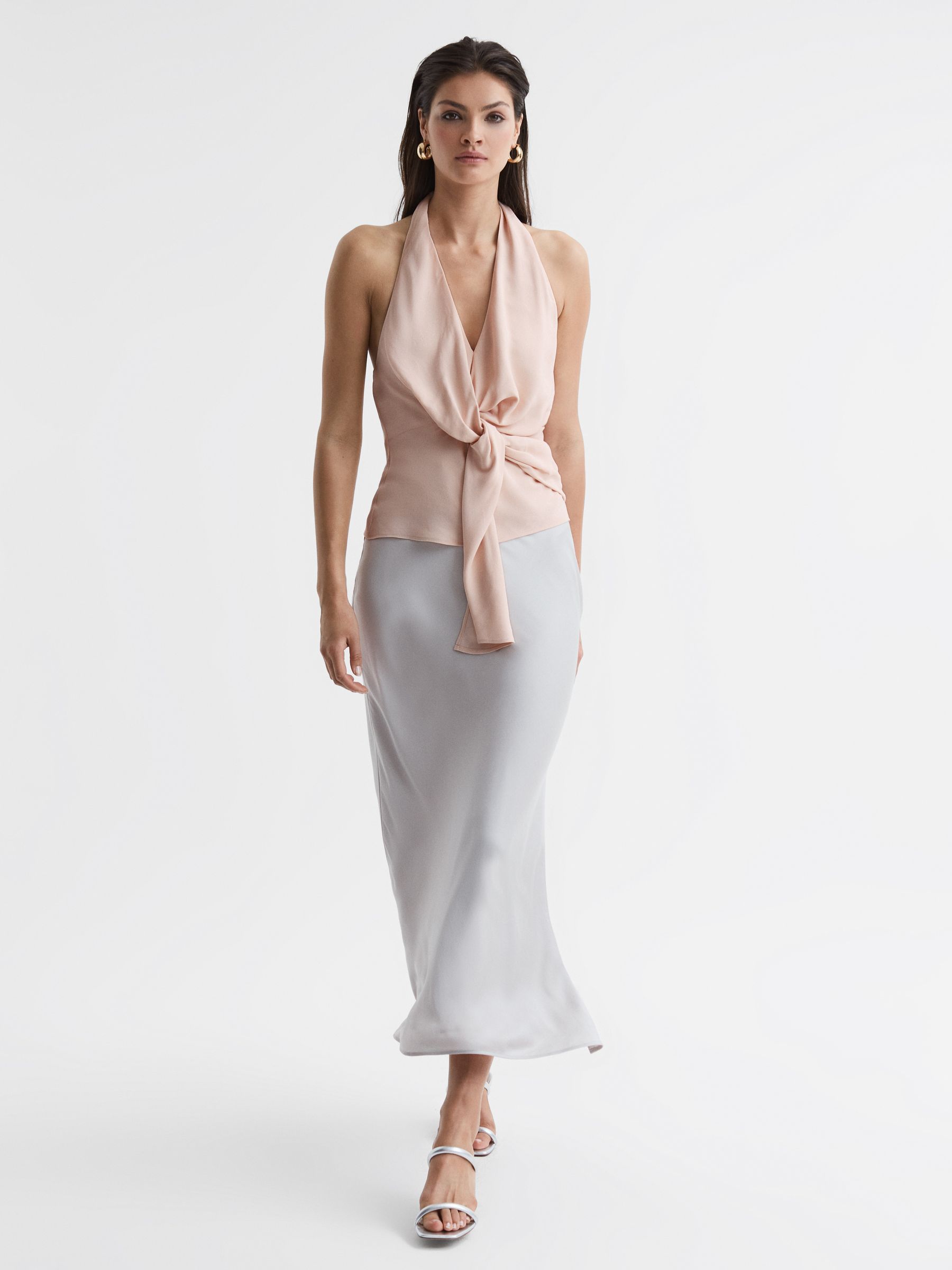 Tie Halter Neck Blouse in Nude