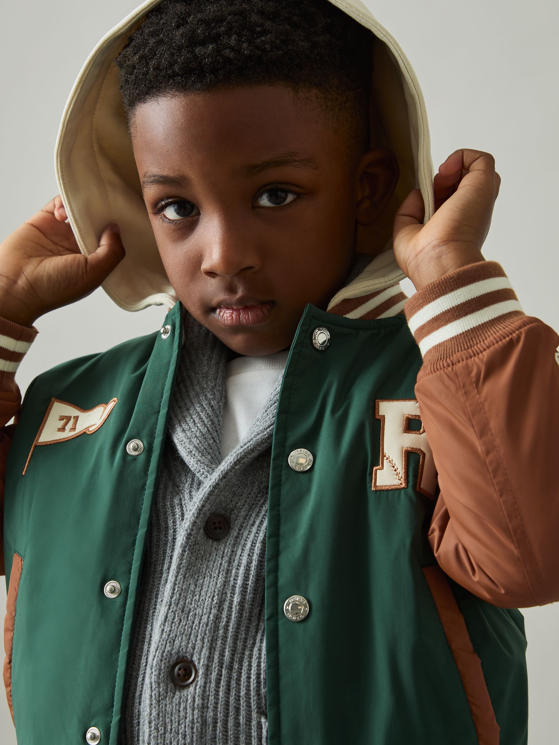 9-13 yrs Home-Run Colourblock Bomber Jacket in Green/Tobacco Brown