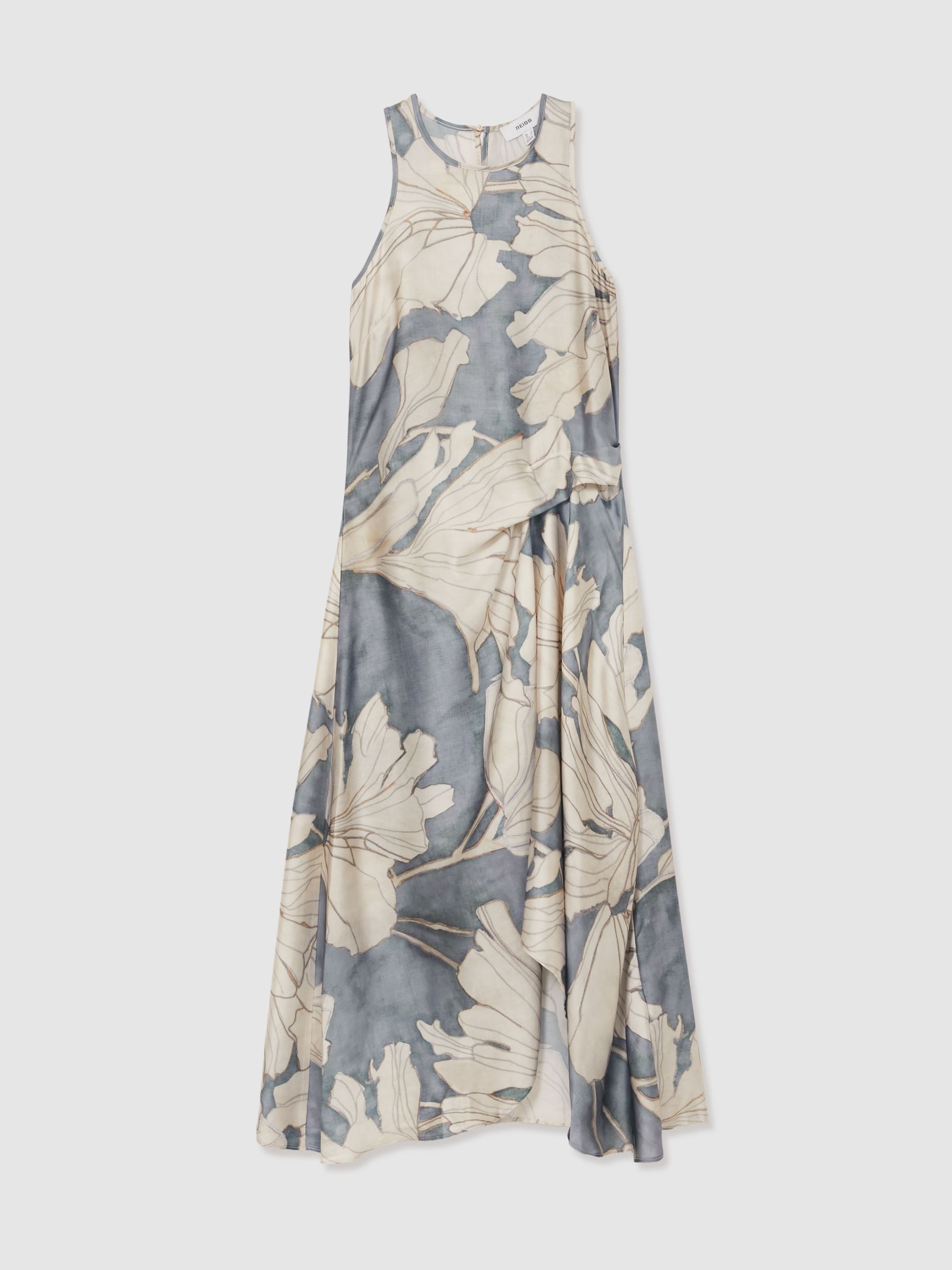 Satin Floral Drape Midi Dress in Blue