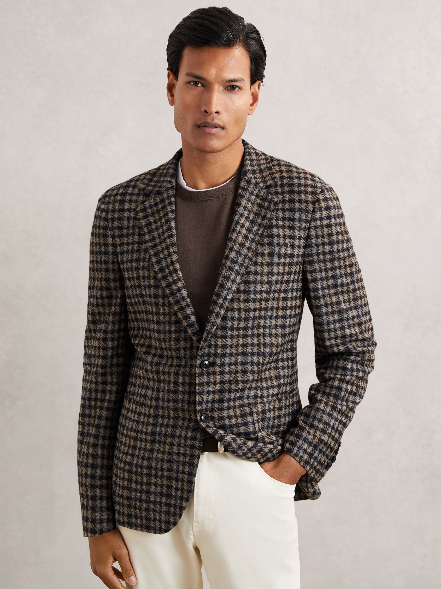Wool-Blend Dogtooth Check Blazer in Brown