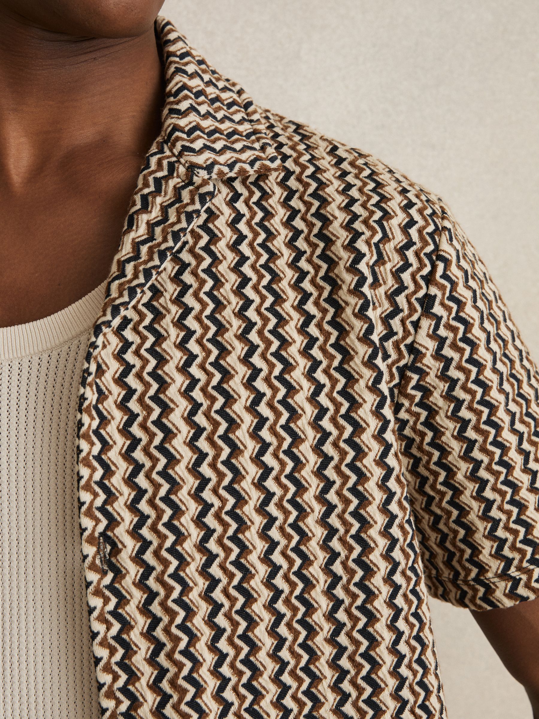 Zig-Zag Knit Cuban-Collar Shirt in Tobacco Brown