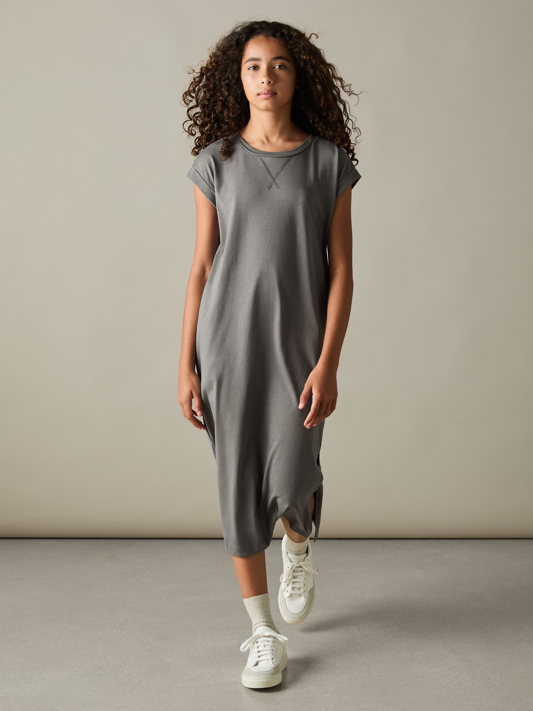 9-13 yrs Cotton-Jersey Cap-Sleeve Dress in Grey