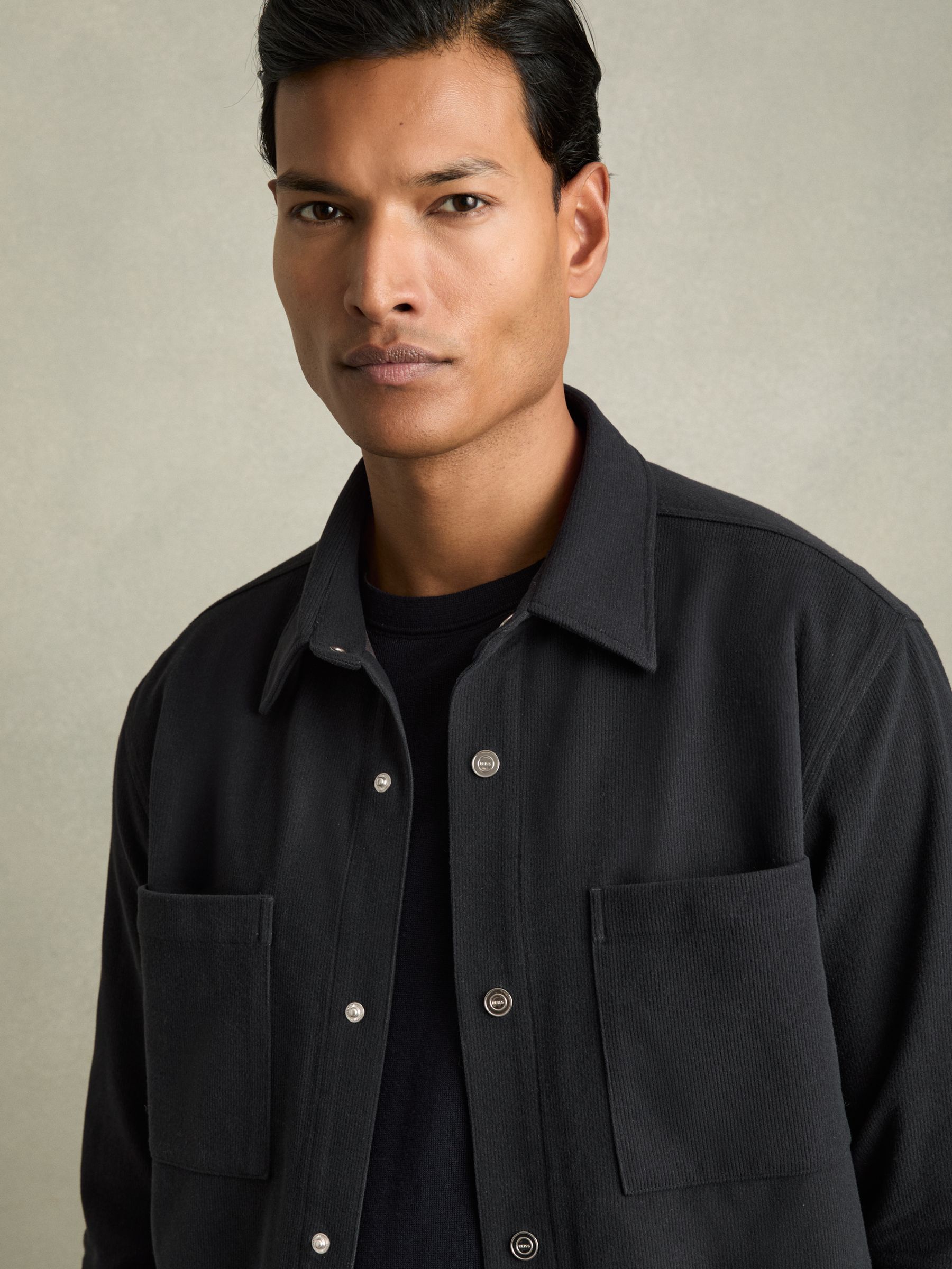 Brushed Corduroy Press-Stud Overshirt in Navy